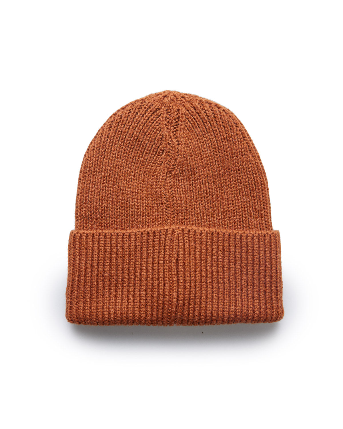 Brown classic knit beanie hat with a folded cuff, made of warm, textured yarn.