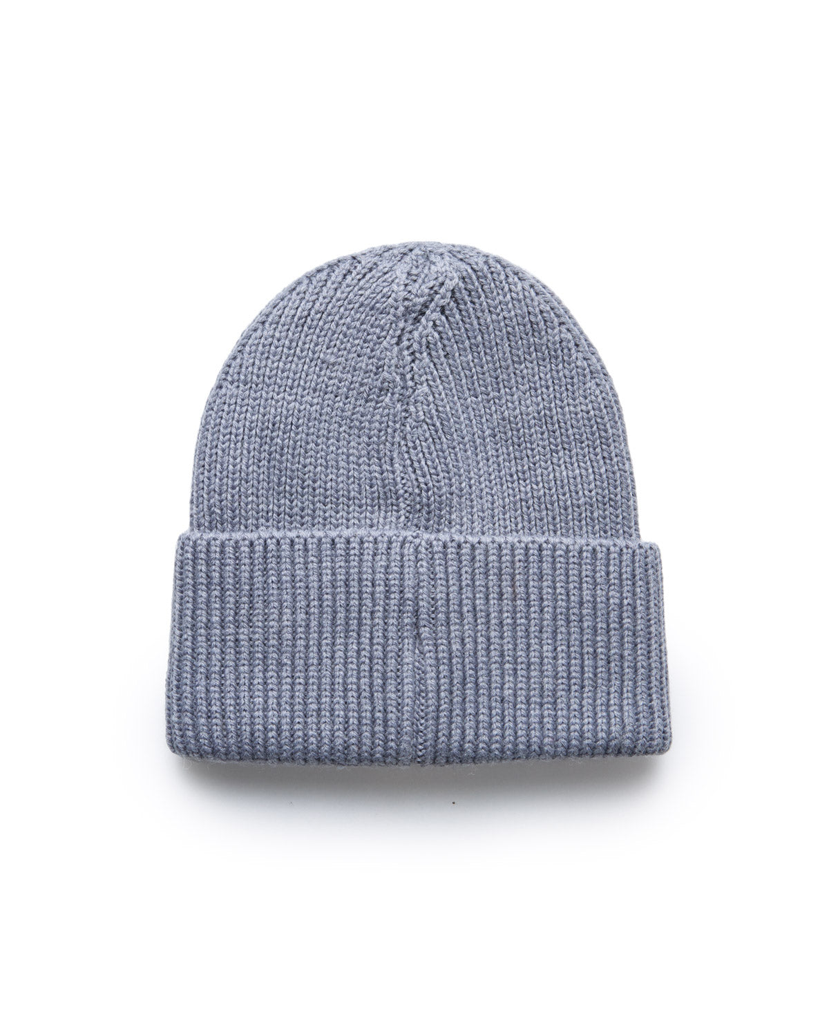 Gray knit beanie with a folded cuff, featuring a classic ribbed pattern, perfect for cold weather.