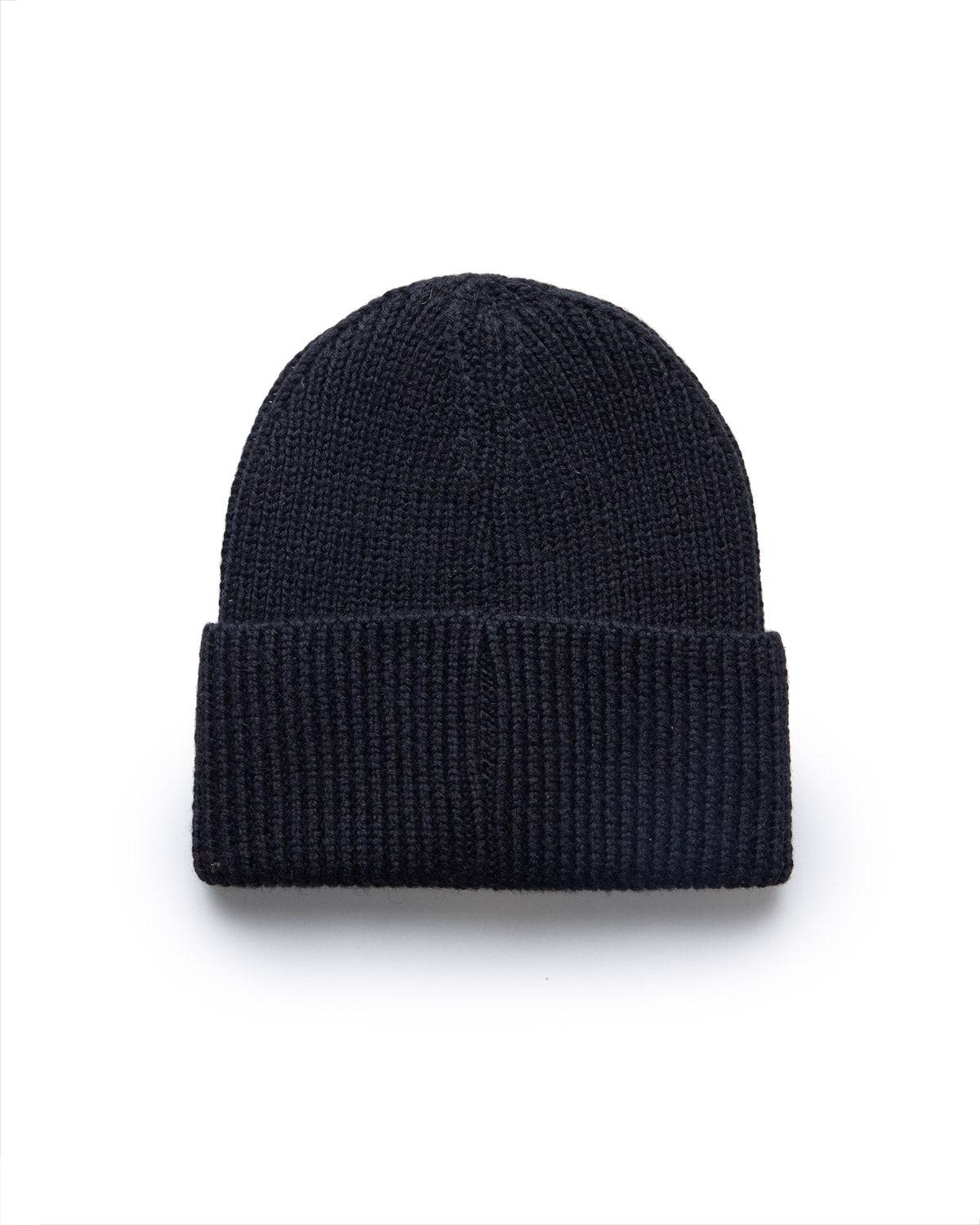 Black classic knit beanie hat with a folded brim, made of warm, ribbed fabric, perfect for cold weather.