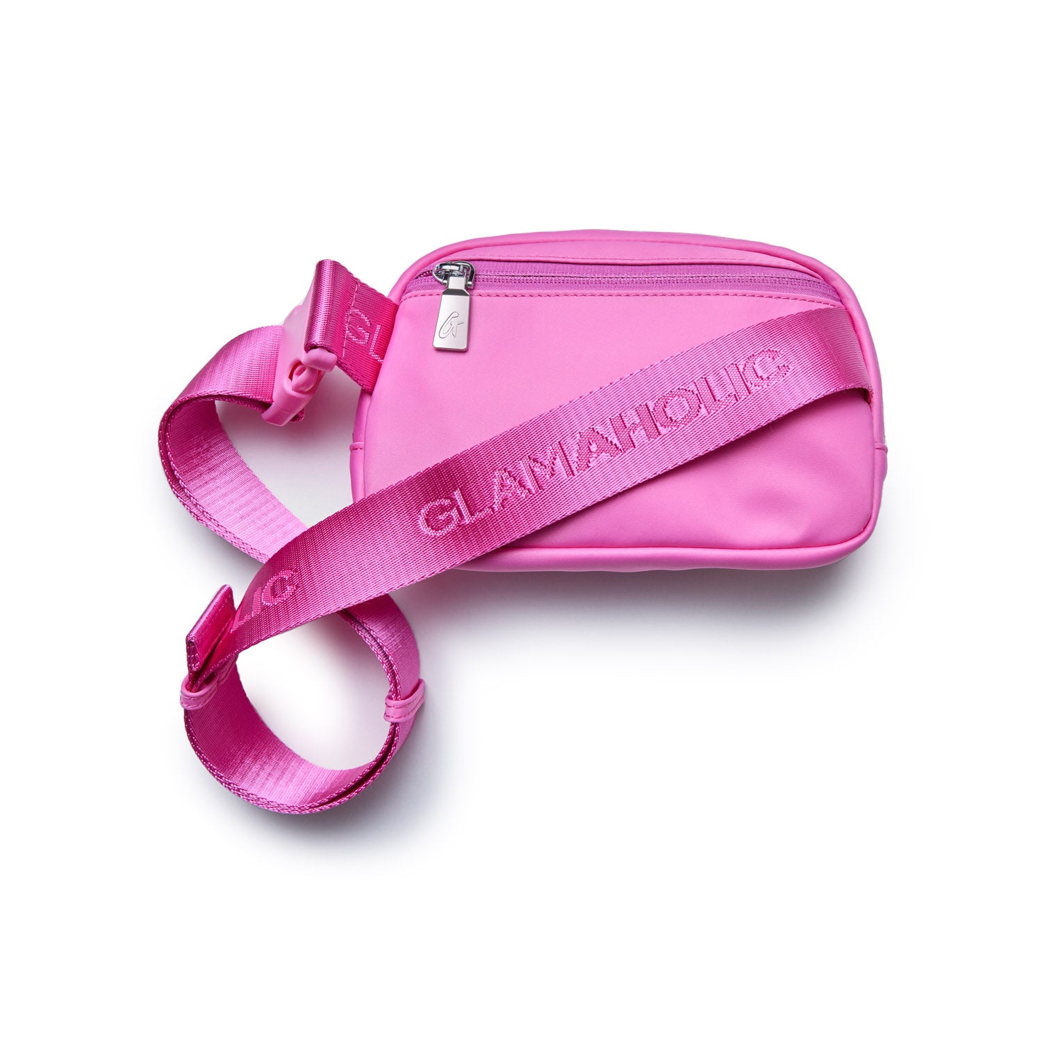 Pink nylon fanny pack with a front zipper pocket and an adjustable strap featuring "GLAMAYHONG" text.