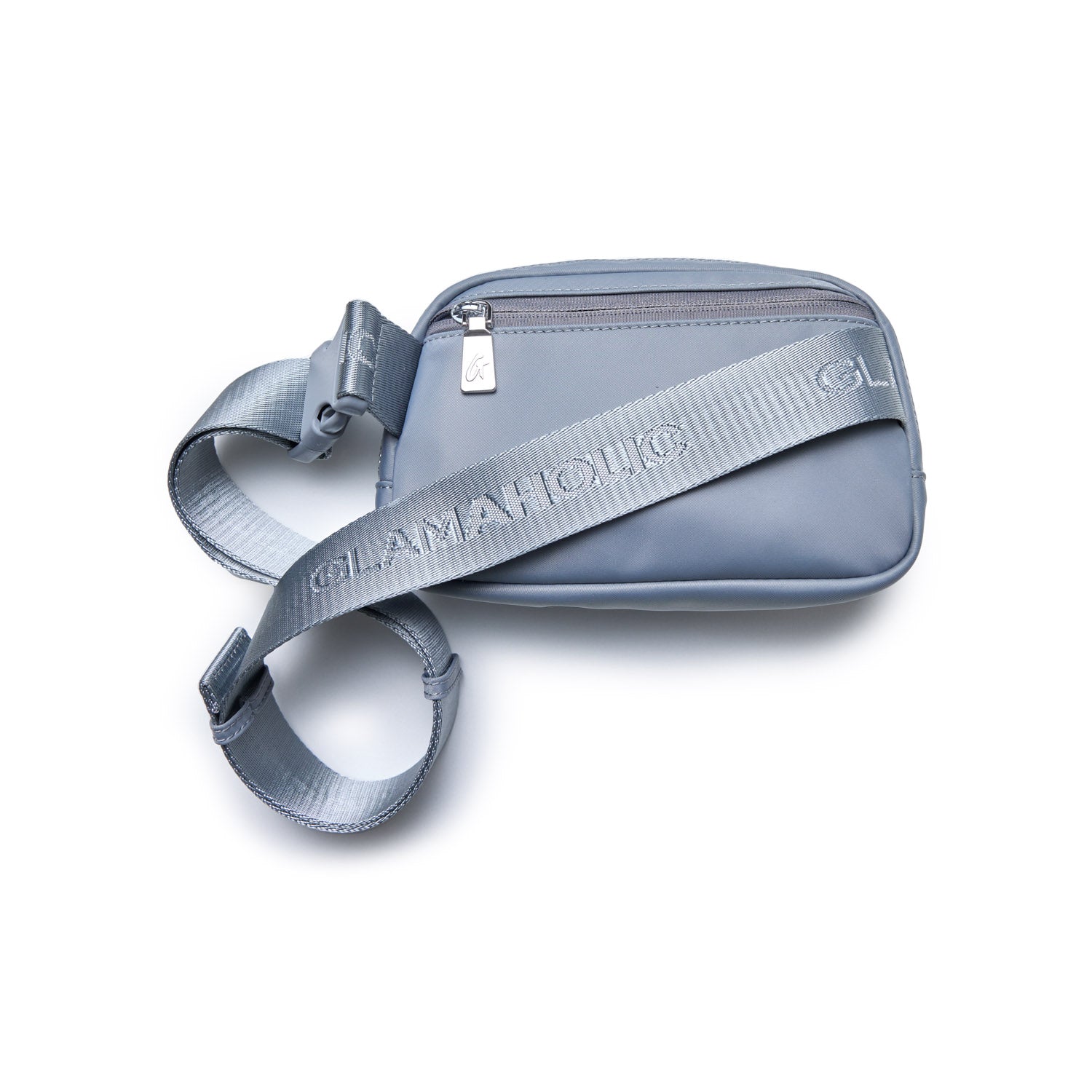 Gray nylon fanny pack with adjustable strap, front zip pocket, and "Glamour" branding on the strap.