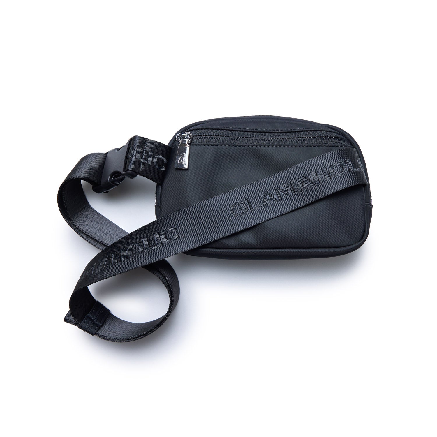 Black nylon fanny pack with adjustable strap, zipper pocket, and "A HOLIC" branding on the strap.