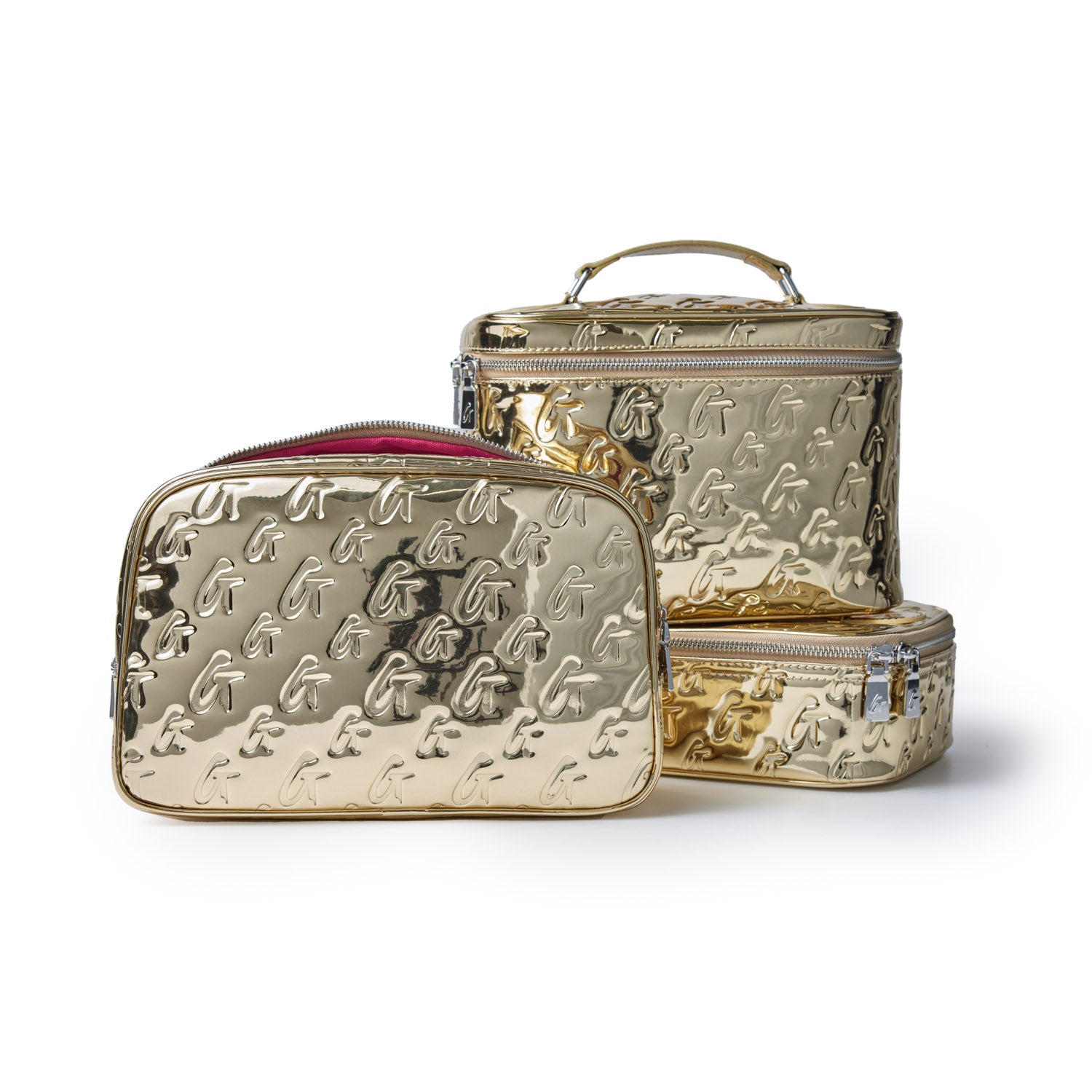 Large metallic gold monogram toiletry bag with embossed "G" pattern, featuring a zipper closure and handle.