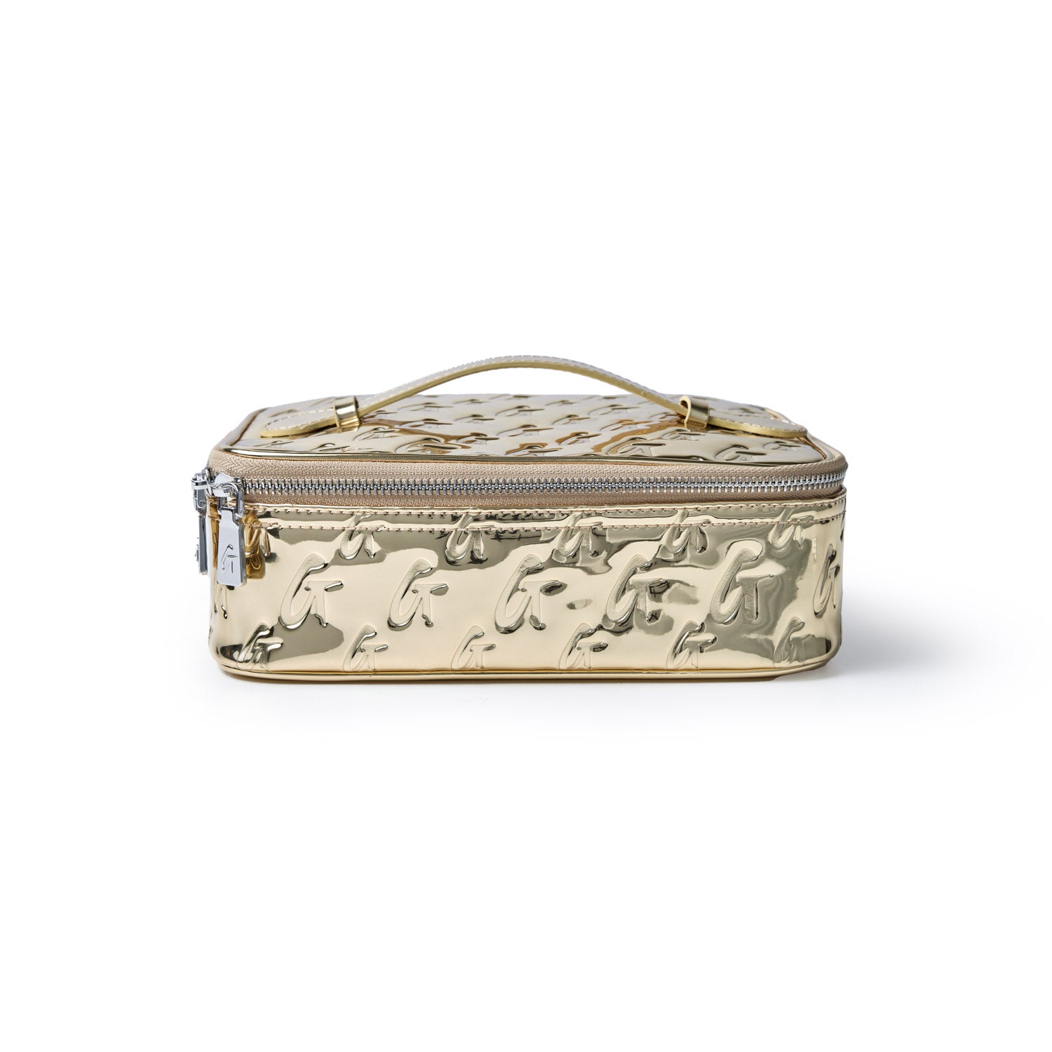 Medium metallic gold monogram toiletry bag with embossed initials, silver zipper, and a handle on top.