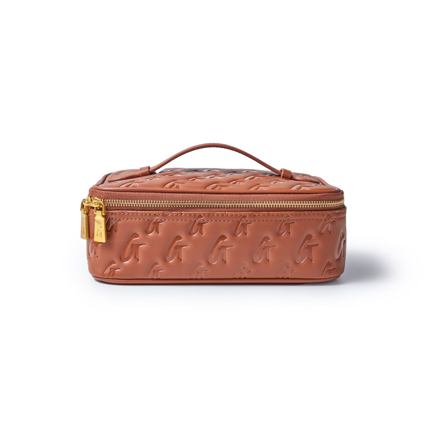 Medium brown toiletry bag with embossed monogram pattern, gold zipper, and handle, designed for travel organization.