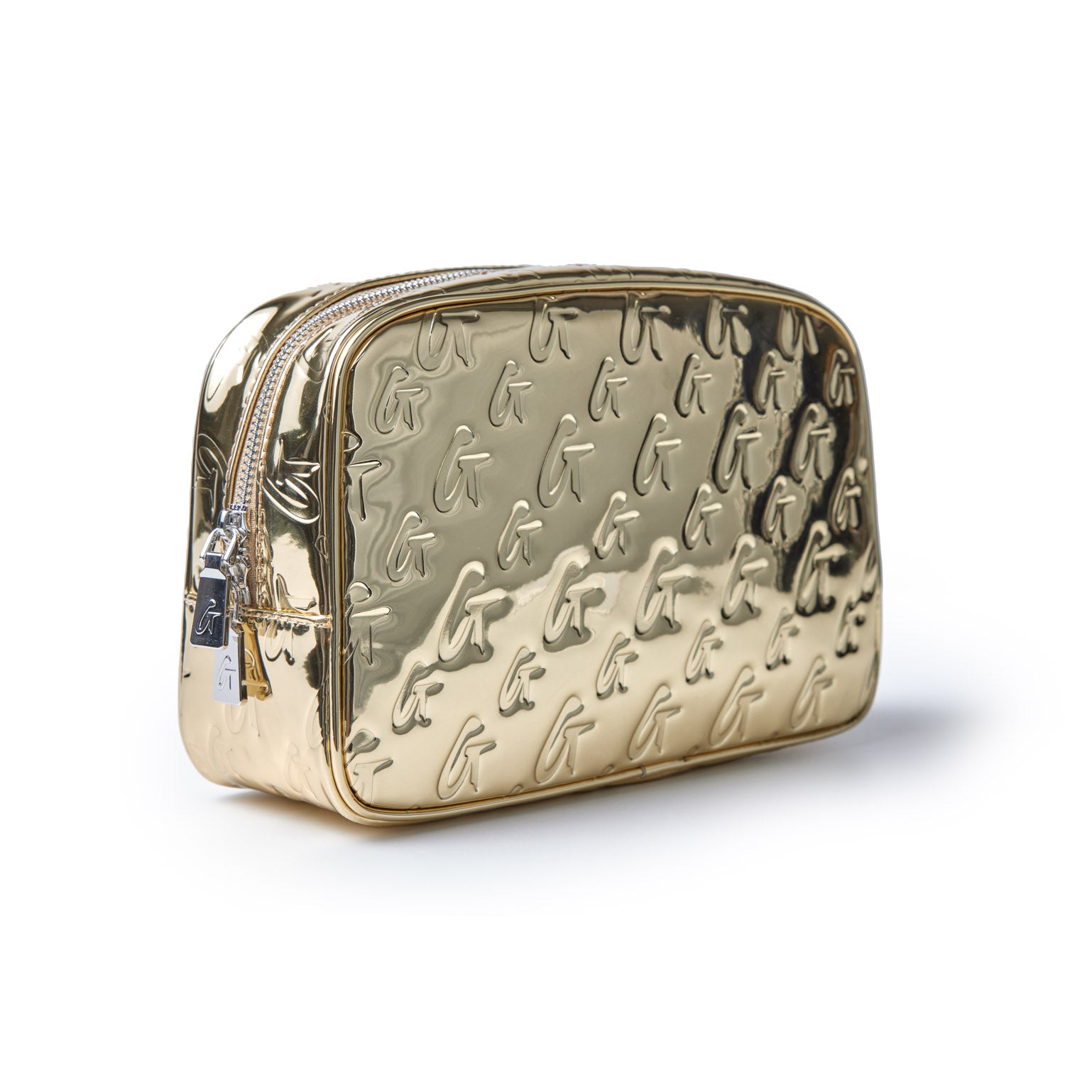 Small metallic gold monogram toiletry bag with embossed "G" pattern and zipper closure.