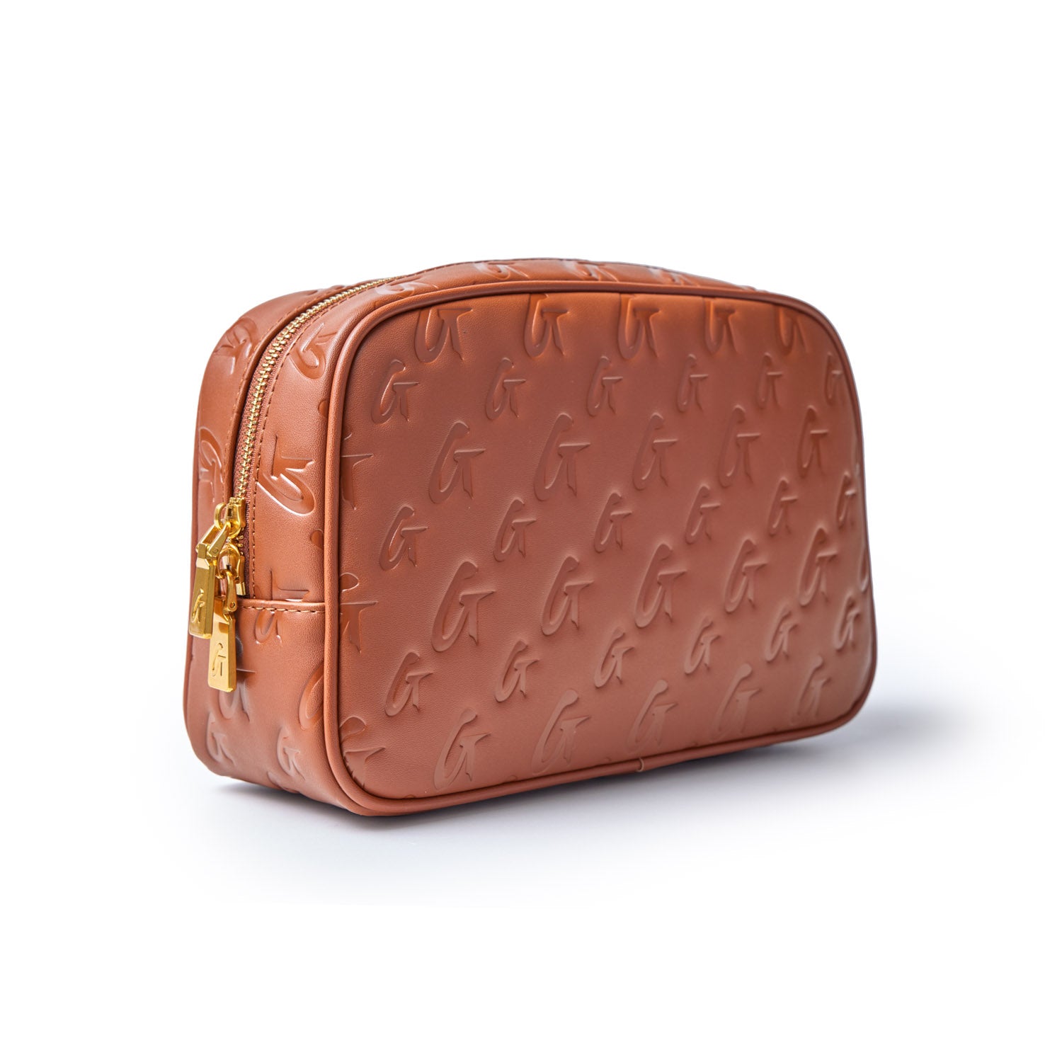Small brown monogram toiletry bag with embossed logo pattern and gold zipper. Perfect for travel essentials.