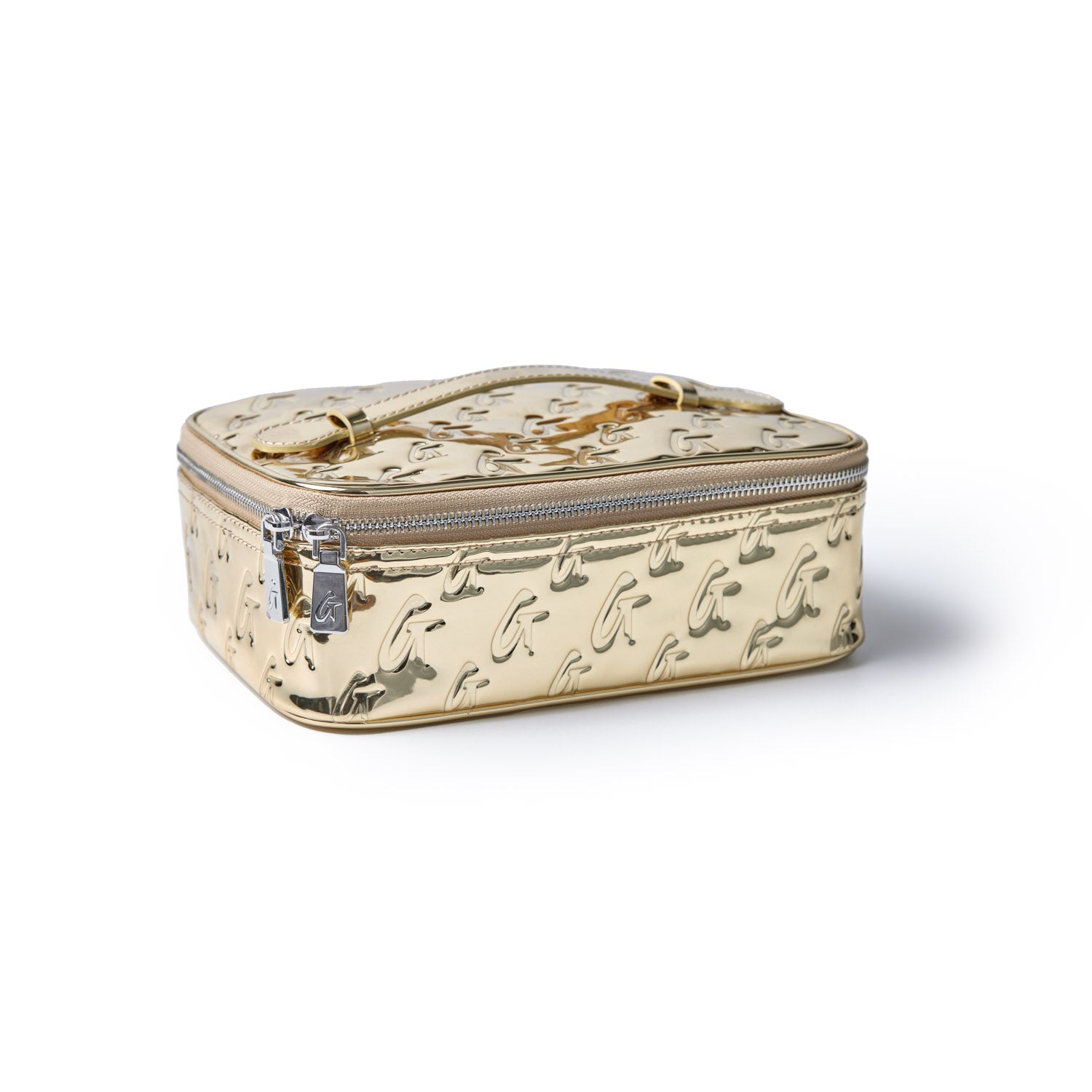Medium metallic gold monogram toiletry bag with embossed G logo pattern and silver zipper closure.