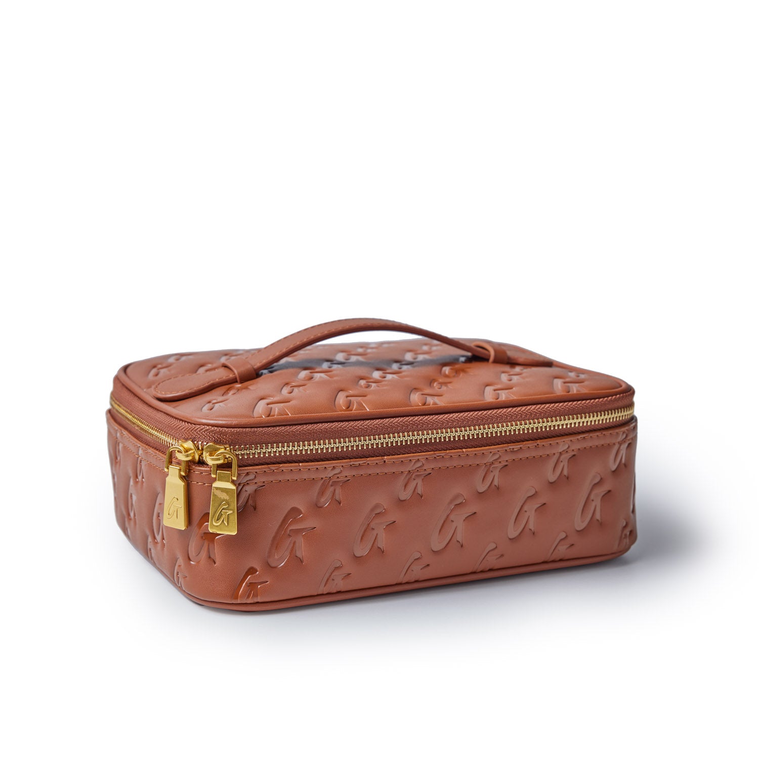 Medium brown toiletry bag with embossed monogram pattern, gold zipper, and handle, designed for travel organization.