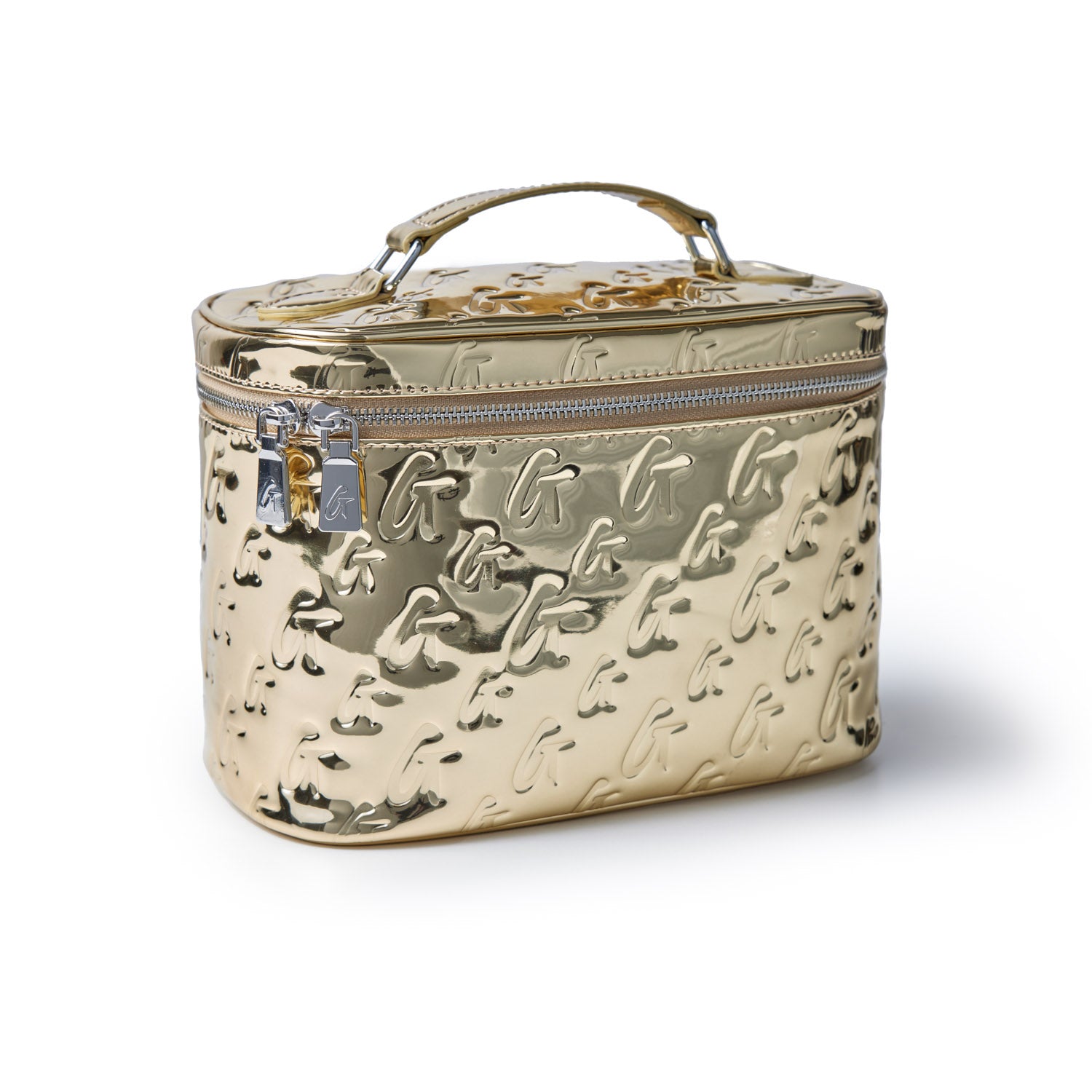 Large metallic gold monogram toiletry bag with embossed G pattern and dual zipper closure.