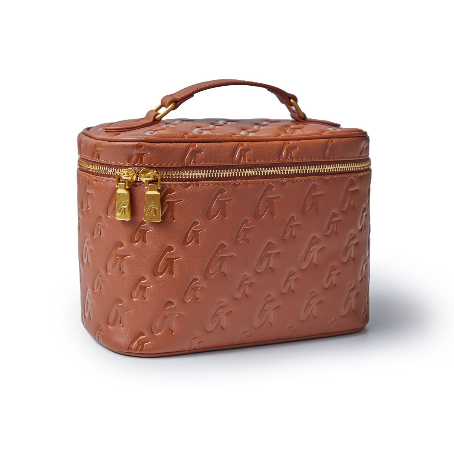 Large brown monogram toiletry bag with embossed logo pattern, gold zipper, and top handle for travel organization.