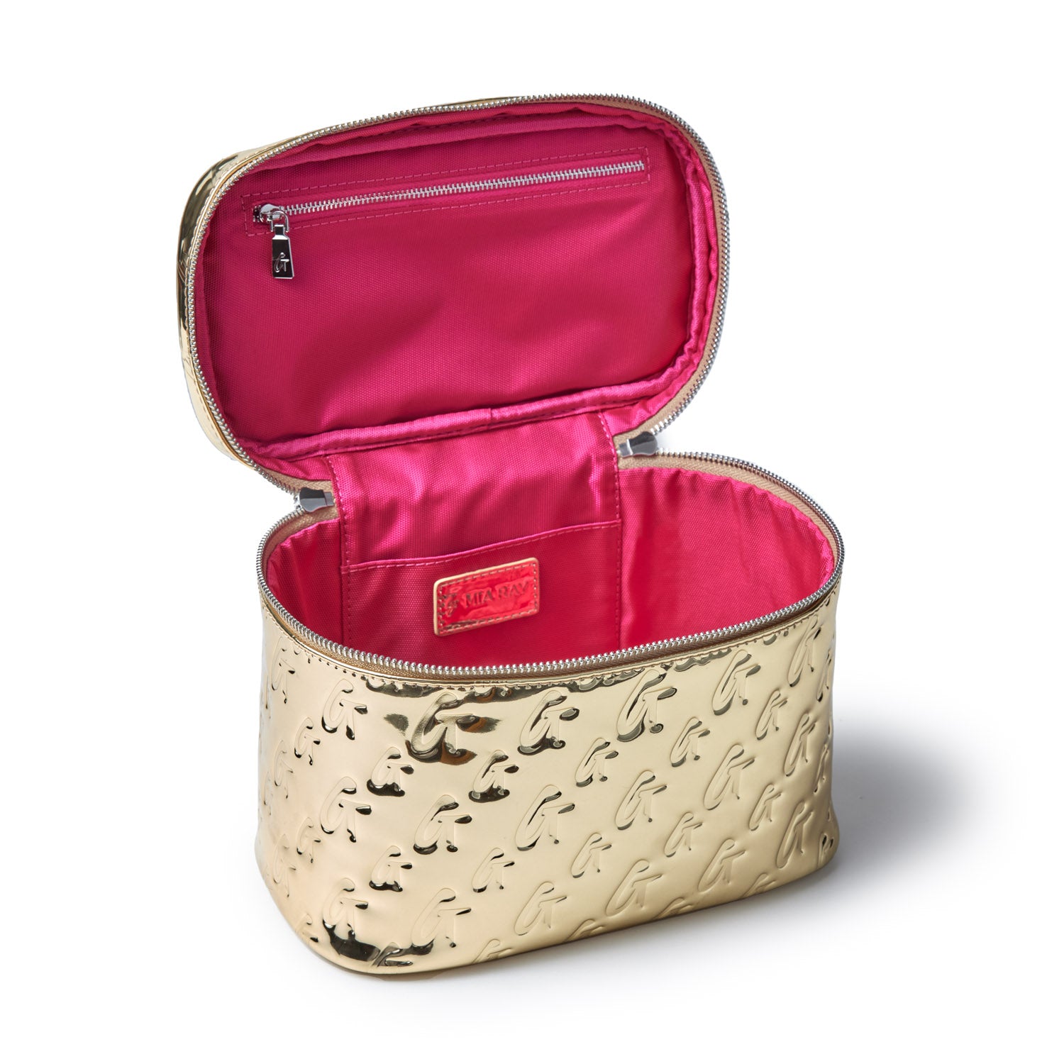 Large metallic gold monogram toiletry bag with embossed G pattern and bright pink interior lining.