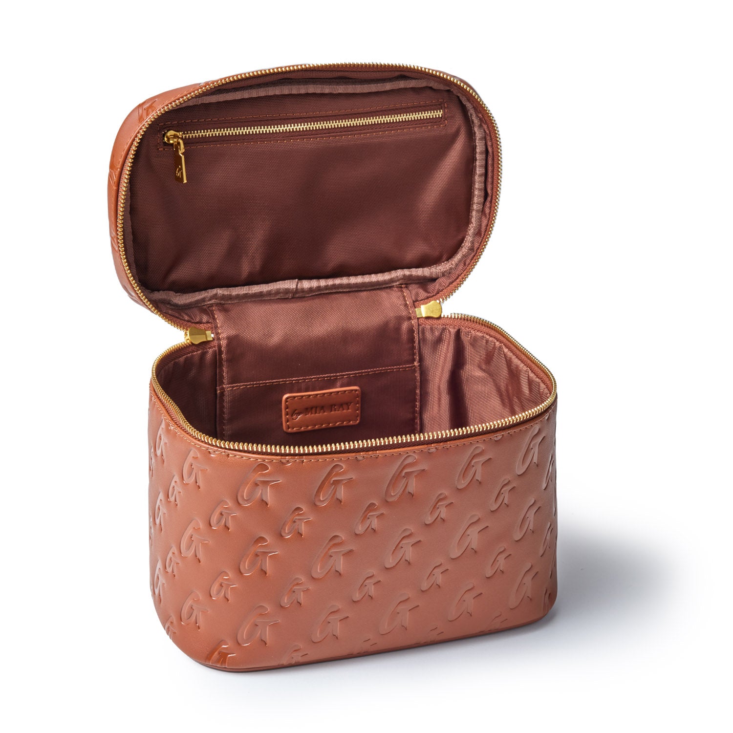 Large brown monogram toiletry bag with embossed G logo pattern, gold zipper, and spacious interior with compartments.