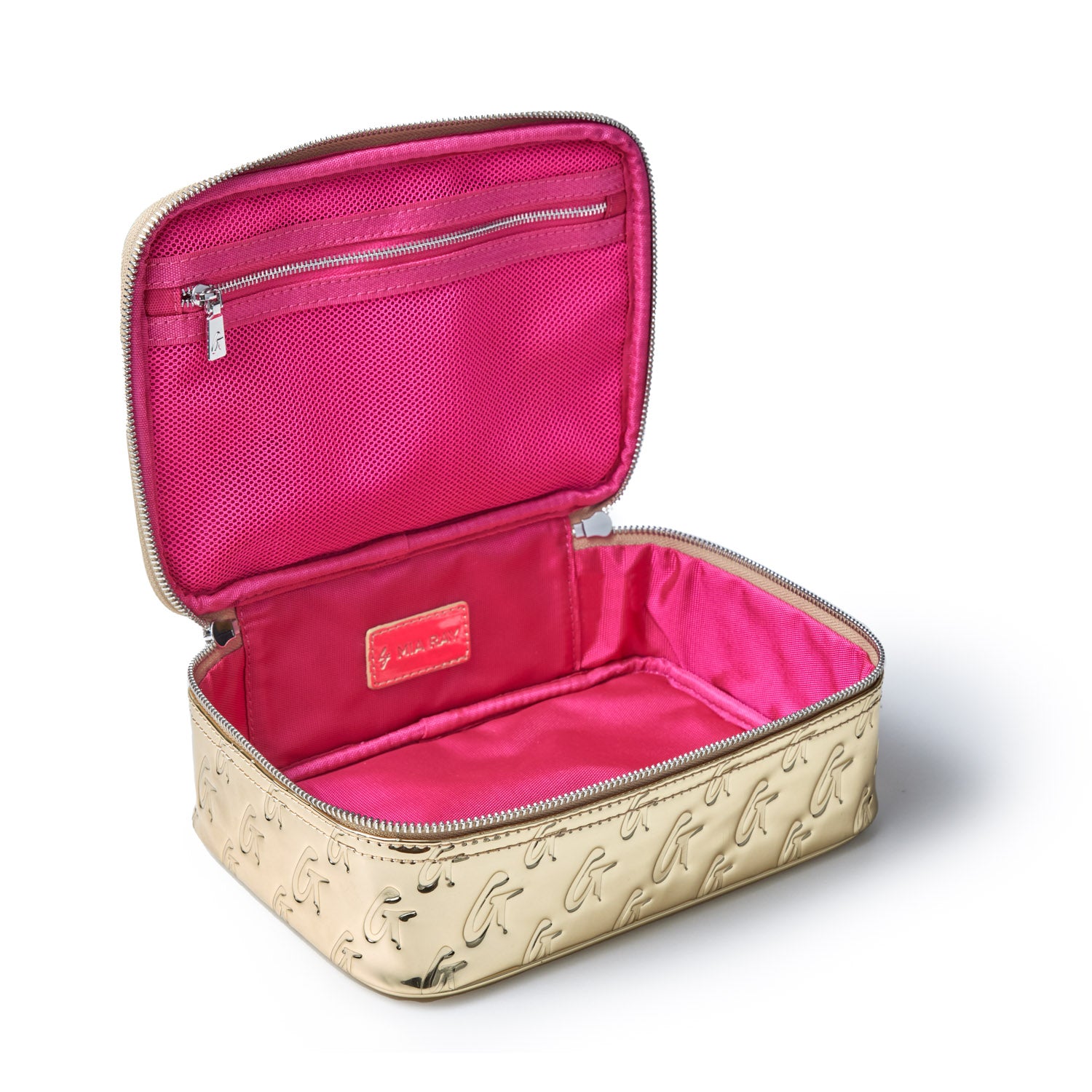 Medium metallic gold monogram toiletry bag with pink interior, zippered compartments, and embossed G pattern exterior.