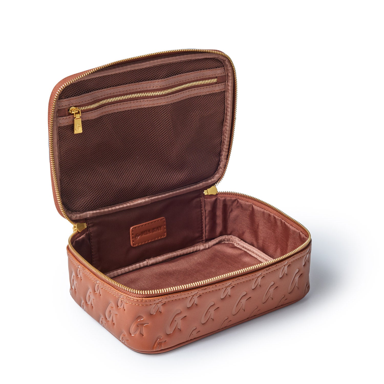 Open medium brown monogram toiletry bag with gold zipper, interior mesh pocket, and embossed G pattern on exterior.