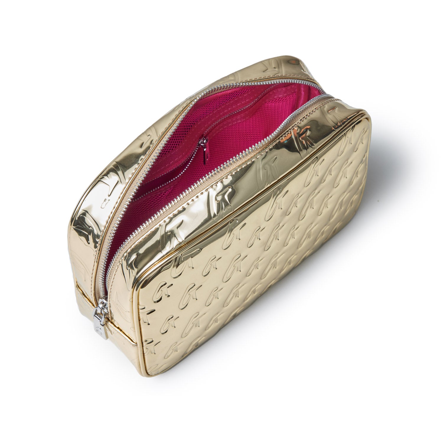 Small metallic gold monogram toiletry bag with a pink interior and zipper closure, stylish and compact for travel essentials.