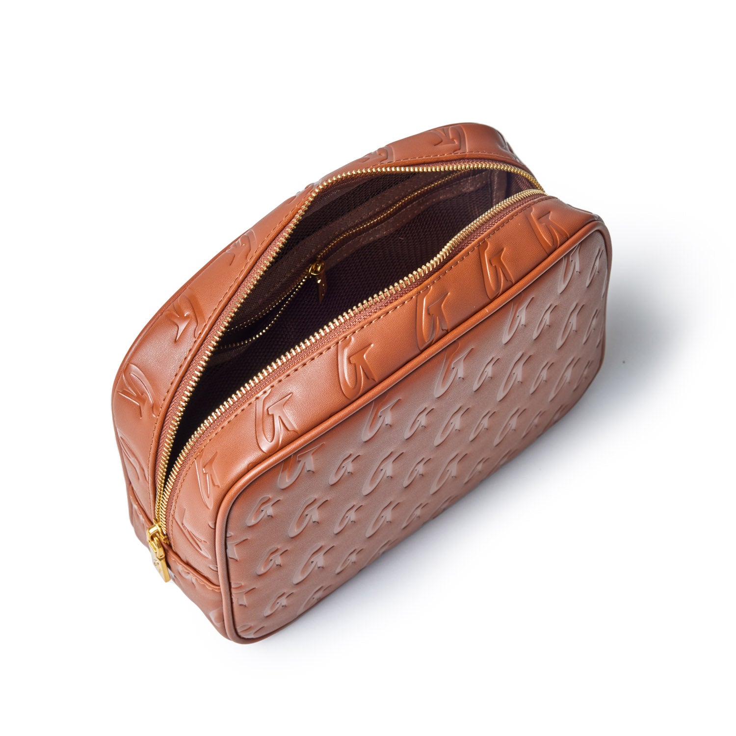 Brown small monogram toiletry bag with embossed logo pattern and gold zipper, open to reveal interior compartment.