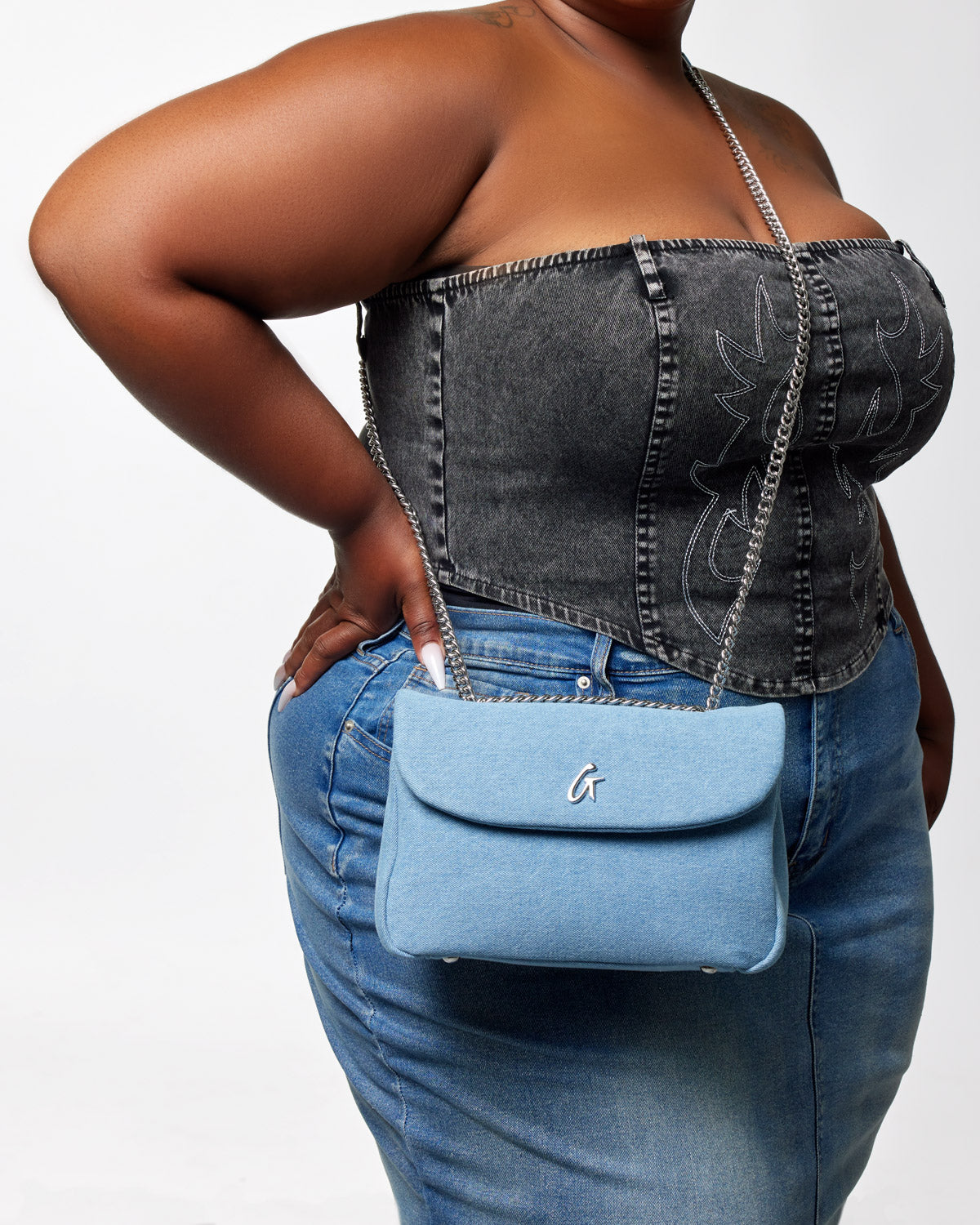 MEDIUM DENIM SILVER FLAP BAG