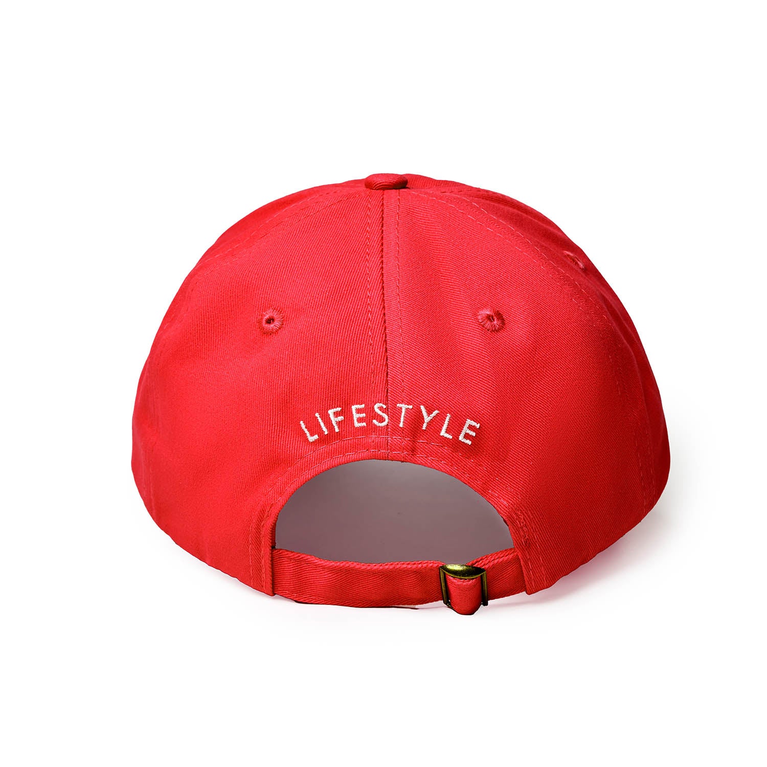 Red OG Dad Hat featuring a stylish back design with the word "LIFESTYLE" embroidered for a trendy look.