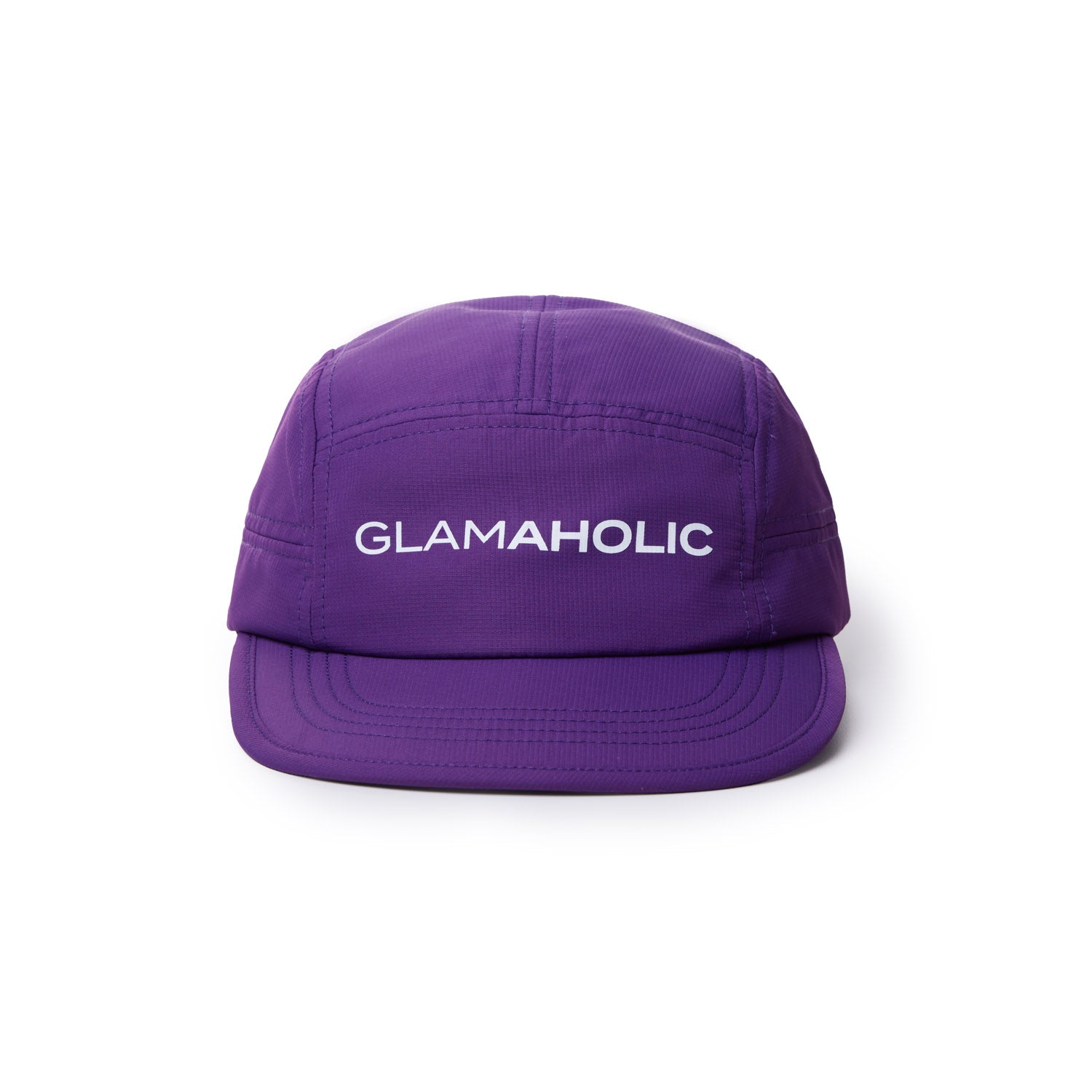 Purple athletic 5-panel hat featuring the word "GLAMAHOLIC" prominently displayed on the front.