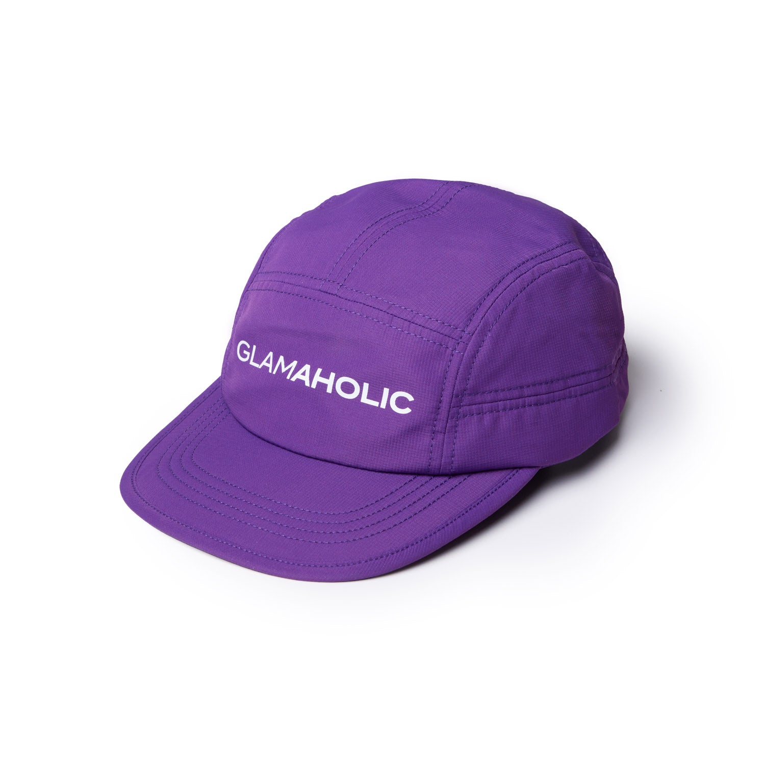 Purple athletic 5 panel hat featuring the Glam-Aholic logo on the front, designed for style and comfort.