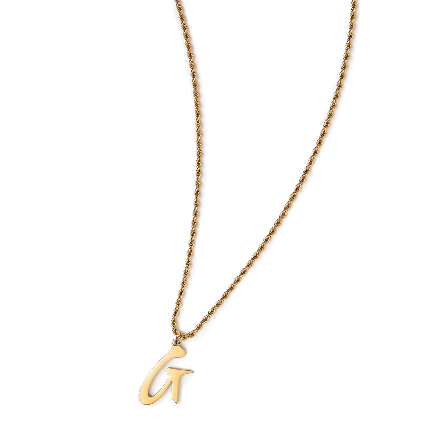 Gold necklace featuring a twisted chain and a stylish letter "G" pendant, perfect for adding a touch of elegance.