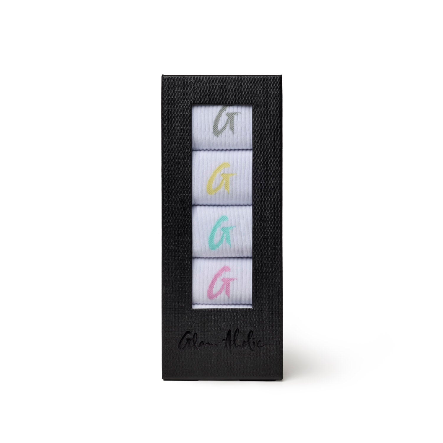Pastel multi crew socks in a stylish box featuring the Glam-Aholic logo, perfect for adding a pop of color to any outfit.