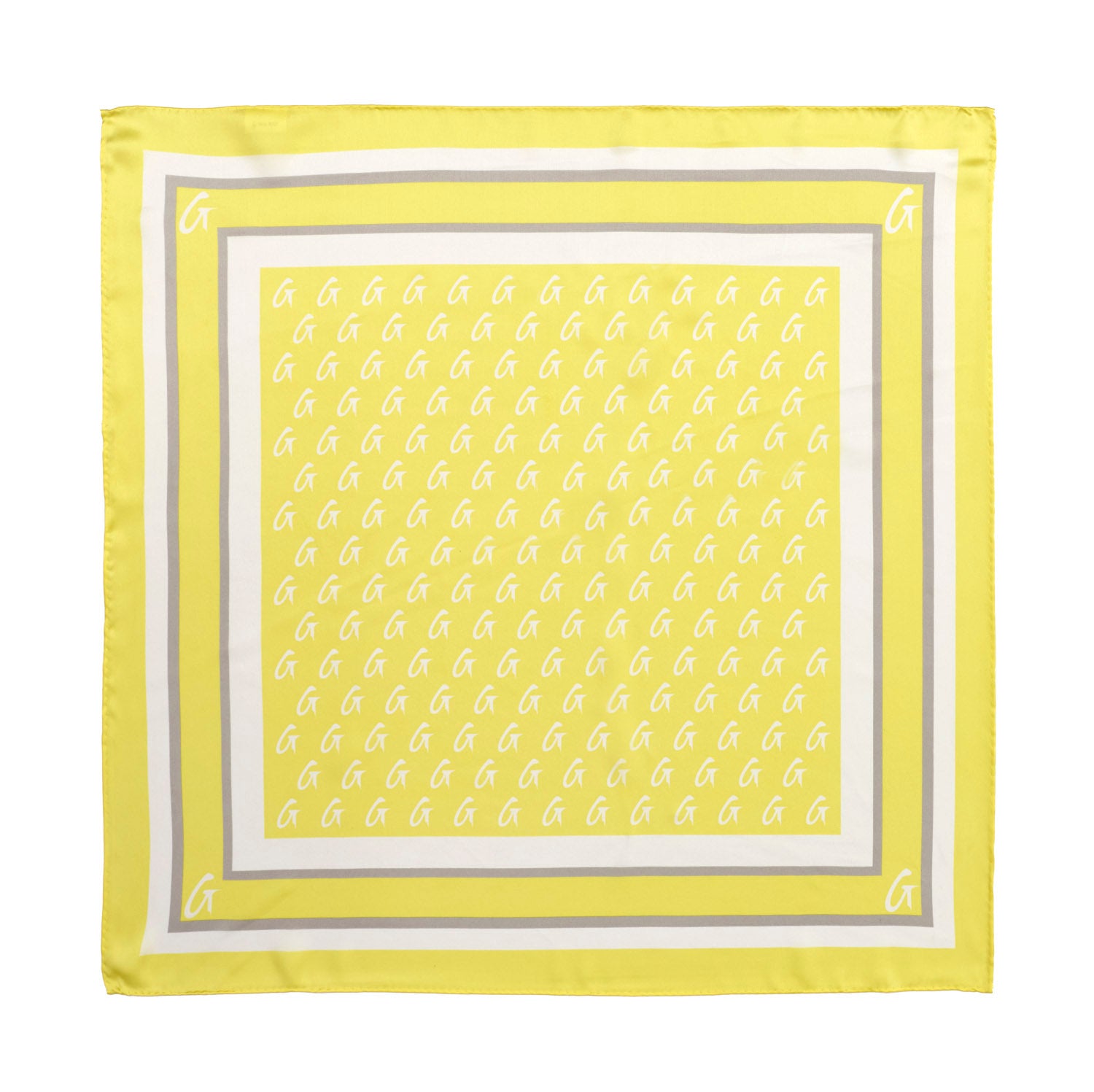Medium yellow silk scarf featuring a repeating monogram pattern and a contrasting border design.