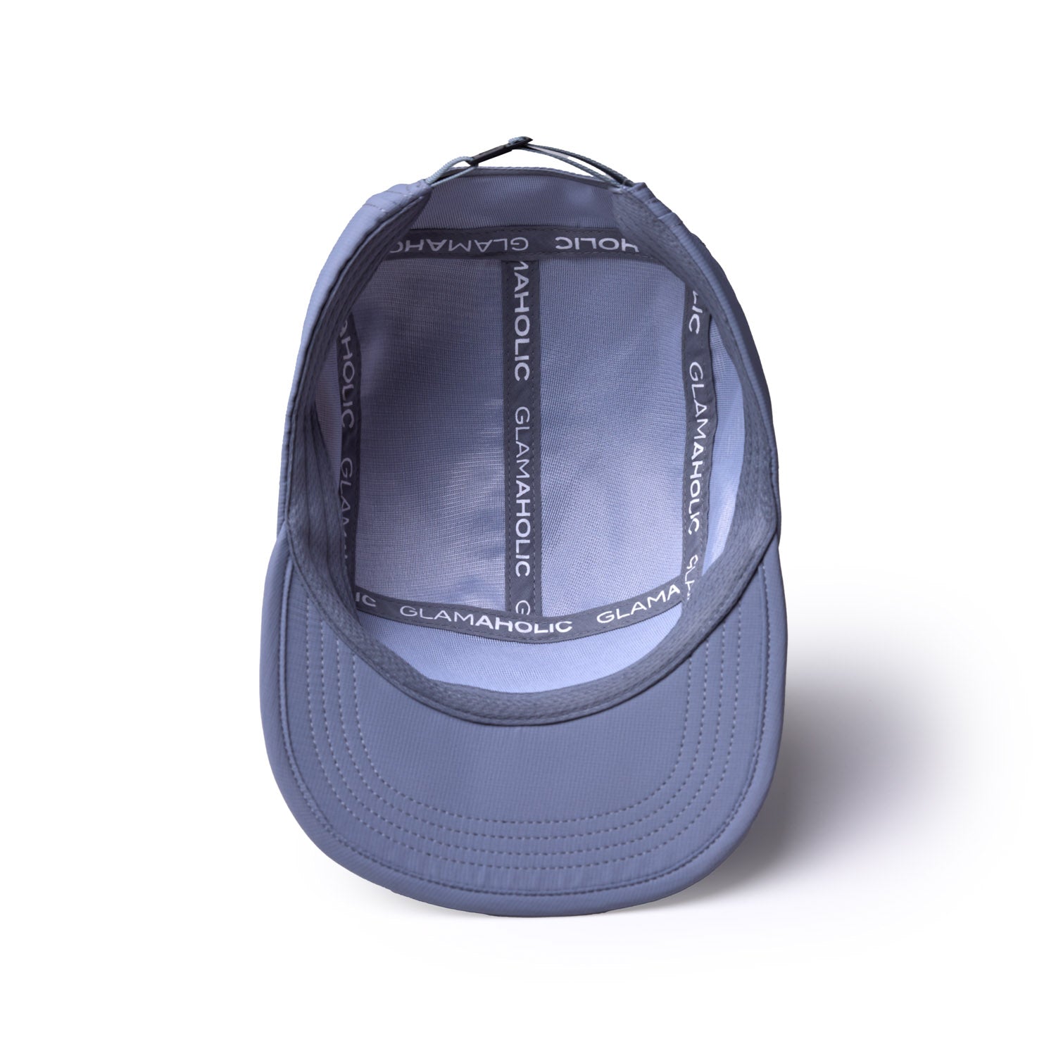 Gray athletic 5 panel hat featuring a comfortable interior with Glam-Aholic branding along the inner band.