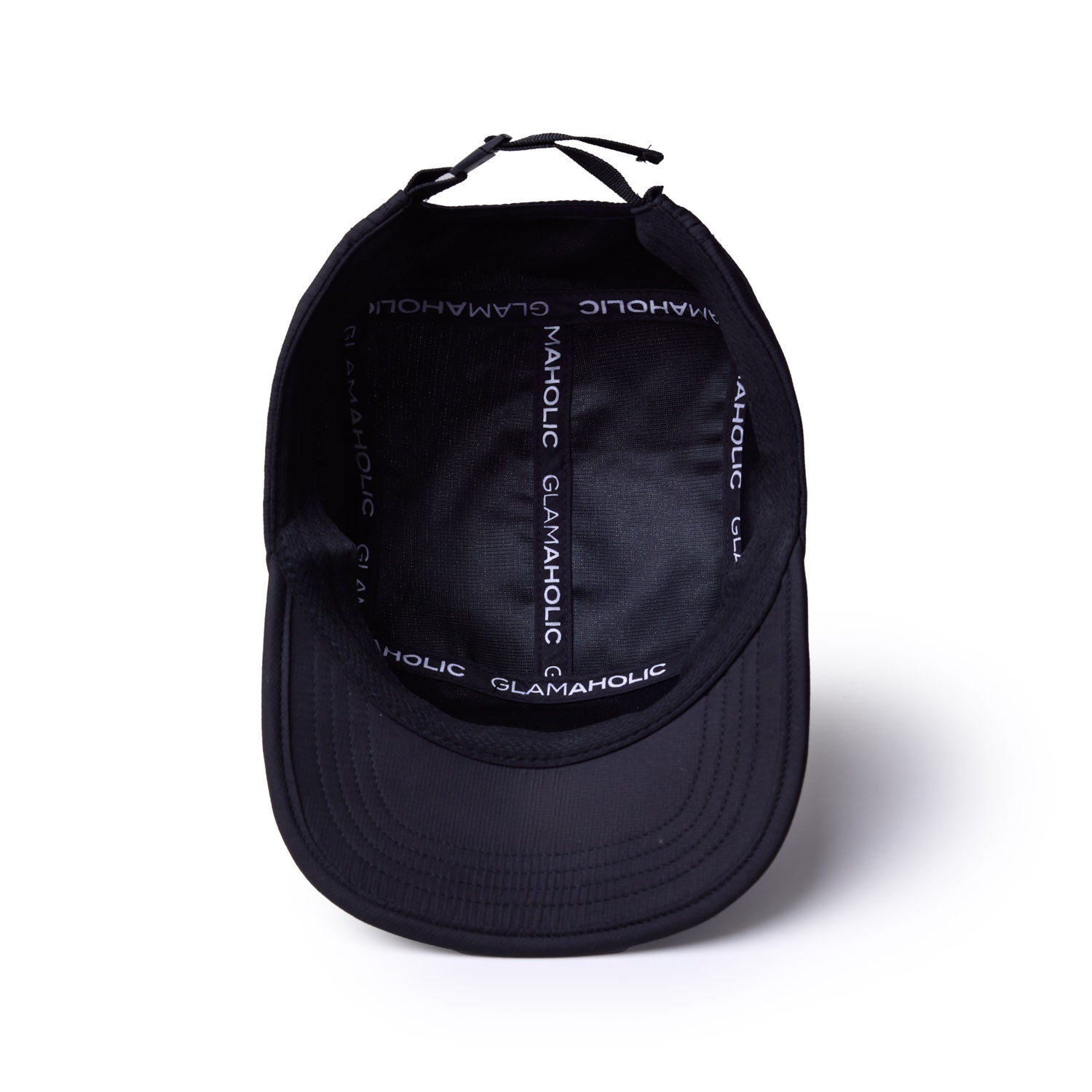 Black athletic 5 panel hat featuring a sleek design and branded interior lining for a stylish look.