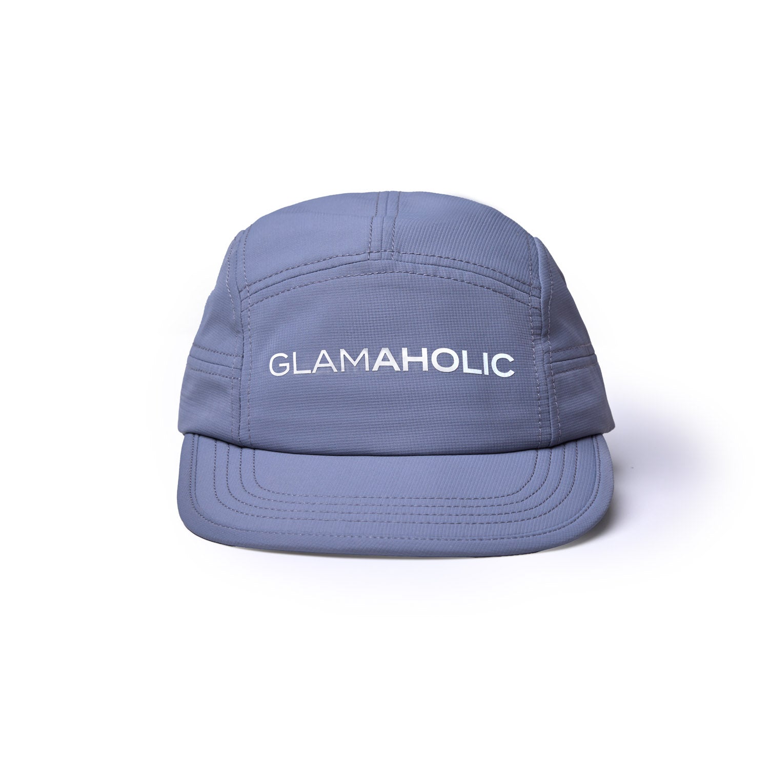 Gray athletic five-panel hat featuring the "GLAMAHOLIC" logo on the front. Ideal for active lifestyles.