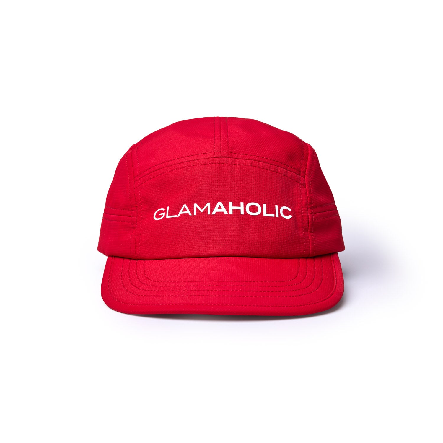 Red athletic five-panel hat featuring the word "GLAMAHOLIC" prominently displayed on the front.