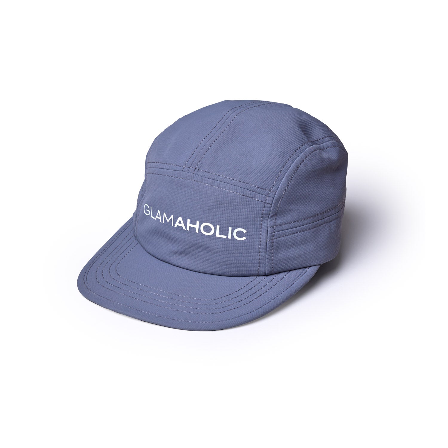 Gray athletic 5 panel hat featuring the Glam-Aholic logo on the front, designed for comfort and style.