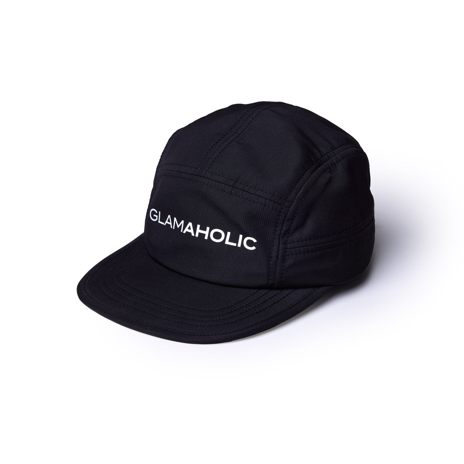 Black athletic 5 panel hat featuring the word "GLAMAHOLIC" in white on the front. Ideal for sporty styles.