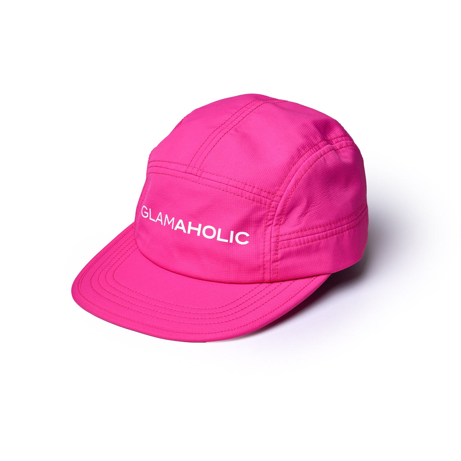 Hot pink athletic 5 panel hat featuring the word "GLAMAHOLIC" prominently displayed on the front.