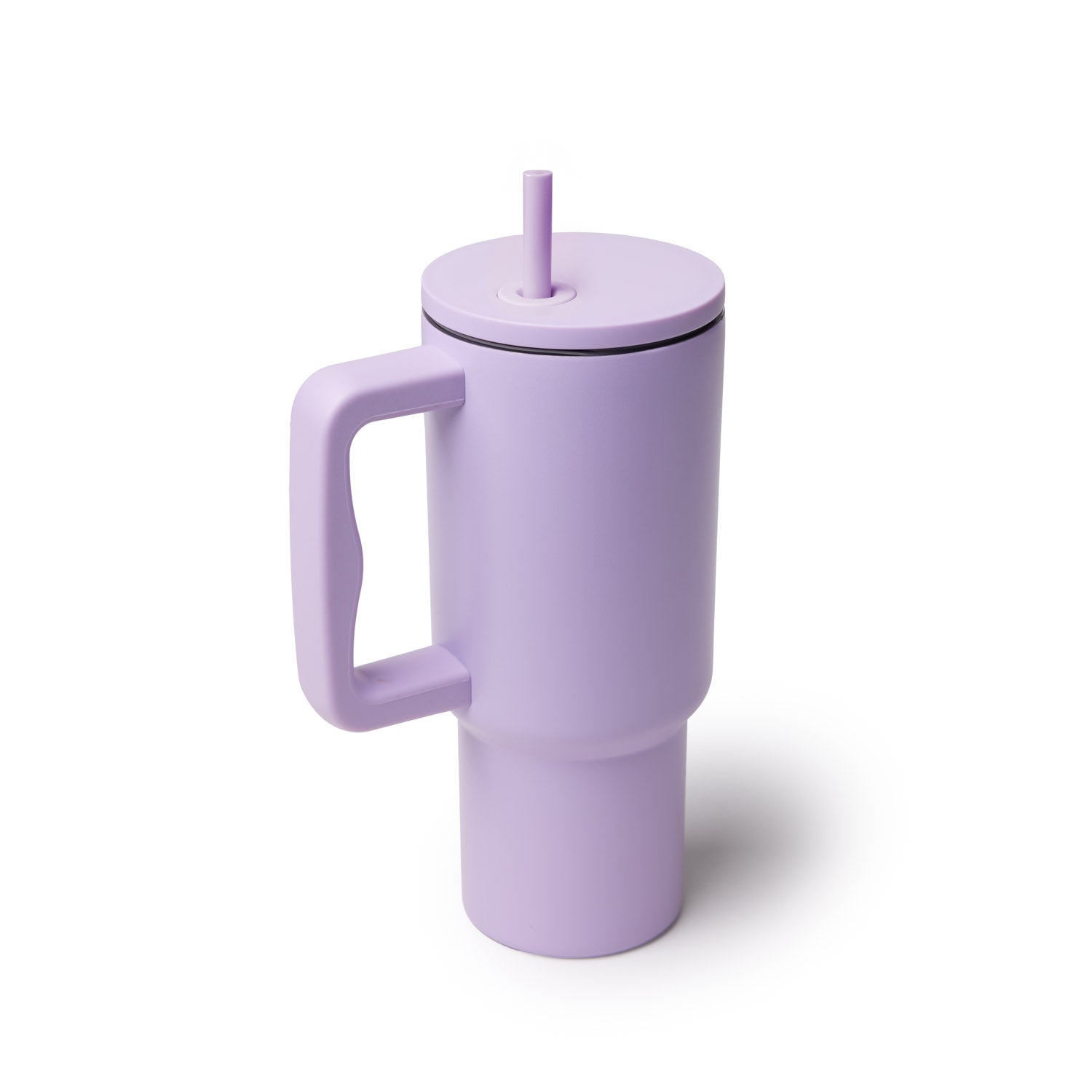 Purple athletic tumbler with a sturdy handle and a straw, designed for on-the-go hydration. Ideal for workouts.