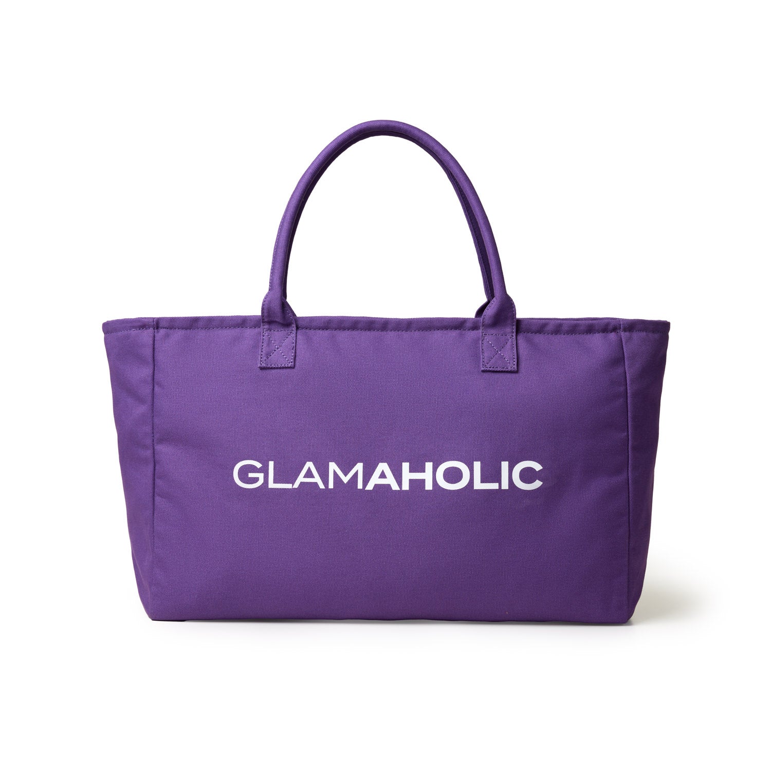 Purple athletic canvas tote bag featuring the Glam-Aholic logo prominently displayed on the front.