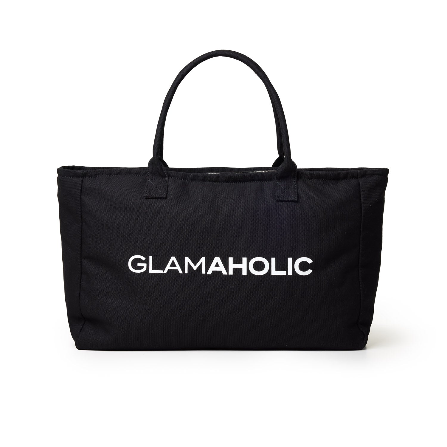 Black athletic canvas tote bag featuring the word "GLAMAHOLIC" in bold white letters, designed for stylish versatility.