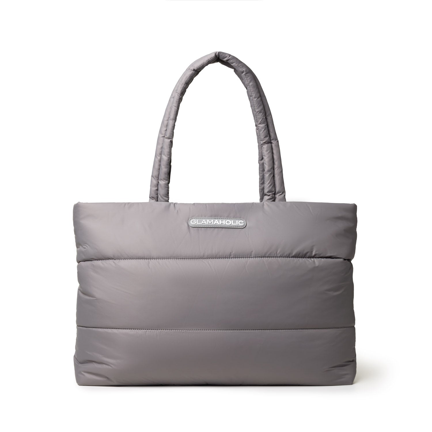 Gray athletic nylon tote bag with padded design and sturdy handles, ideal for workouts or casual outings.
