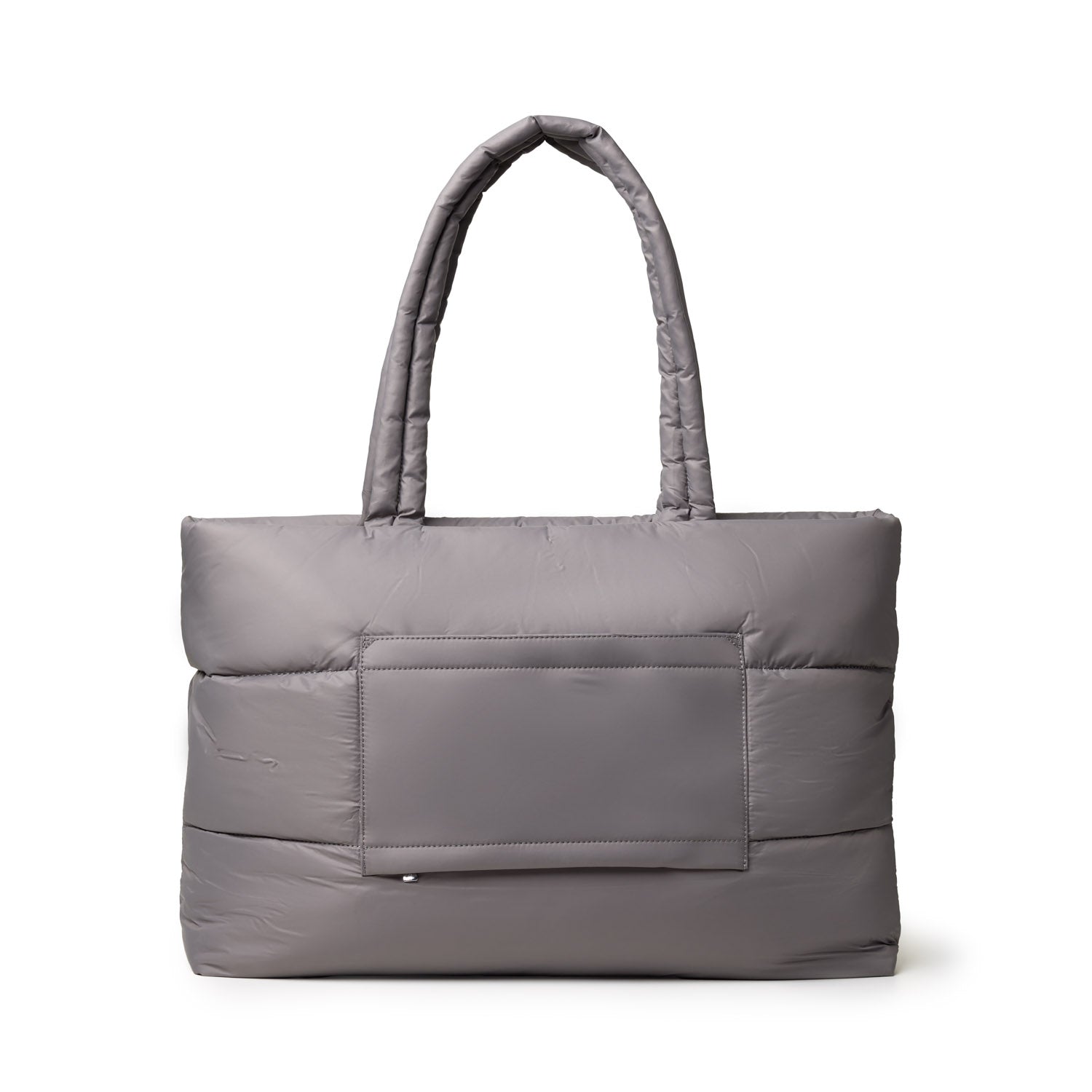 Gray athletic nylon tote bag with padded design and a front pocket, featuring sturdy handles for easy carrying.