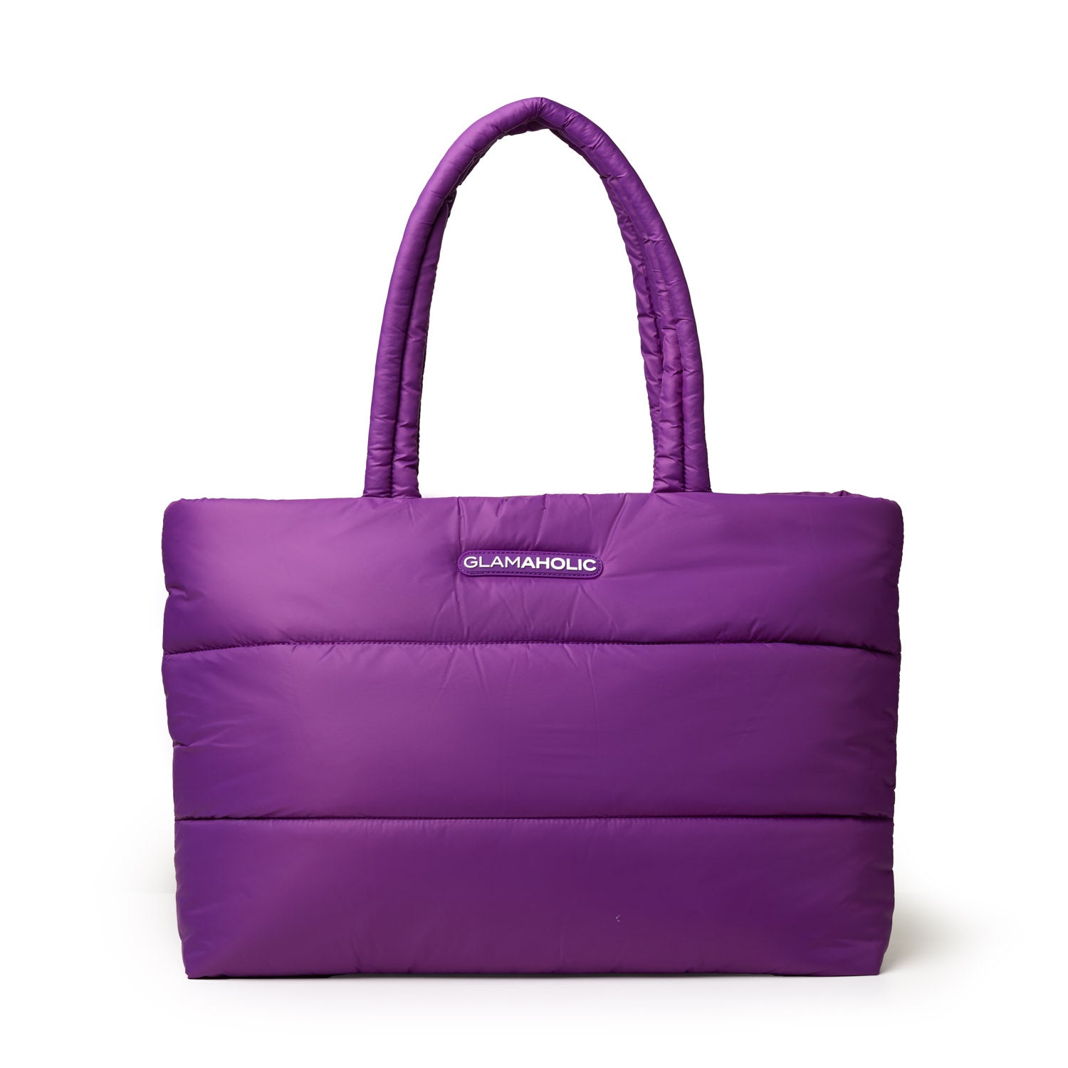Purple athletic nylon tote bag with padded design and sturdy handles, featuring the Glam-Aholic logo on the front.