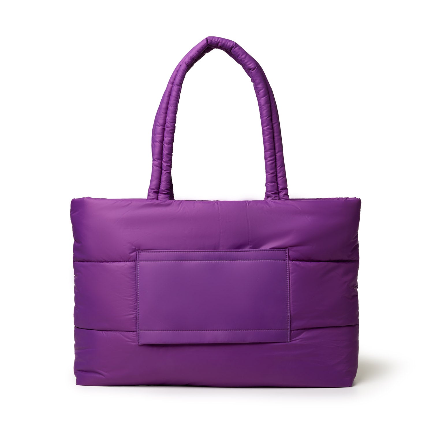 Purple athletic nylon tote bag with padded design and two sturdy handles, featuring a front pocket for added convenience.