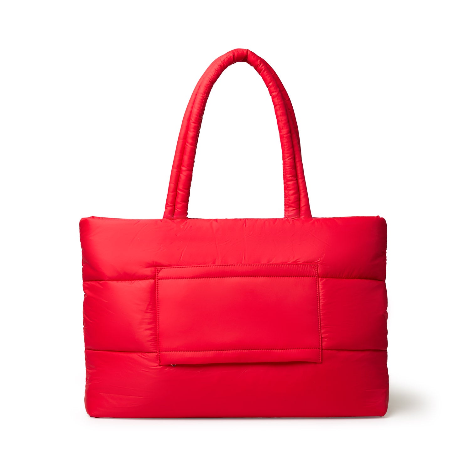 Red athletic nylon tote bag featuring a padded design and a front pocket, ideal for workouts or casual outings.