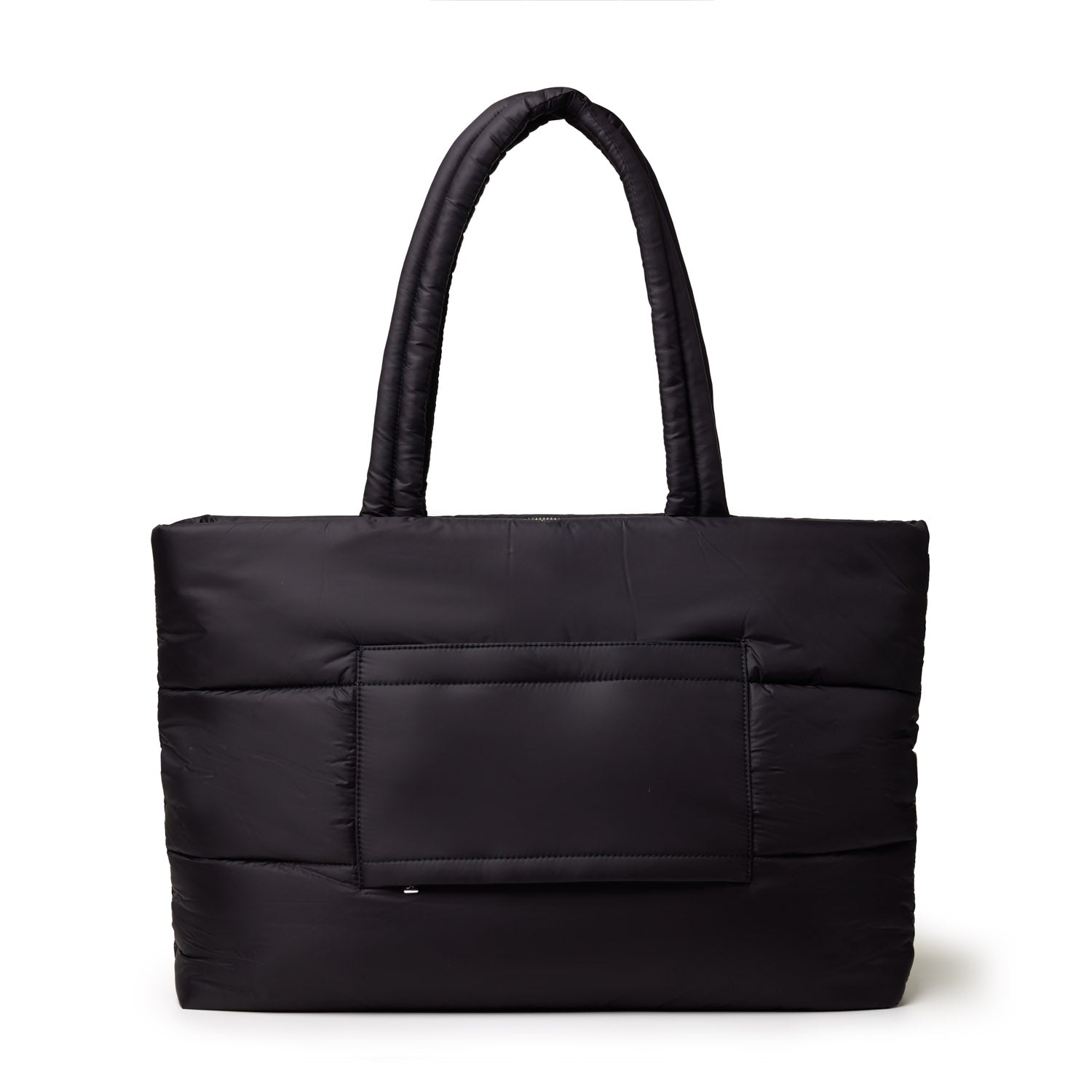 Black athletic nylon tote bag with padded design and two sturdy handles, featuring a front pocket for convenience.