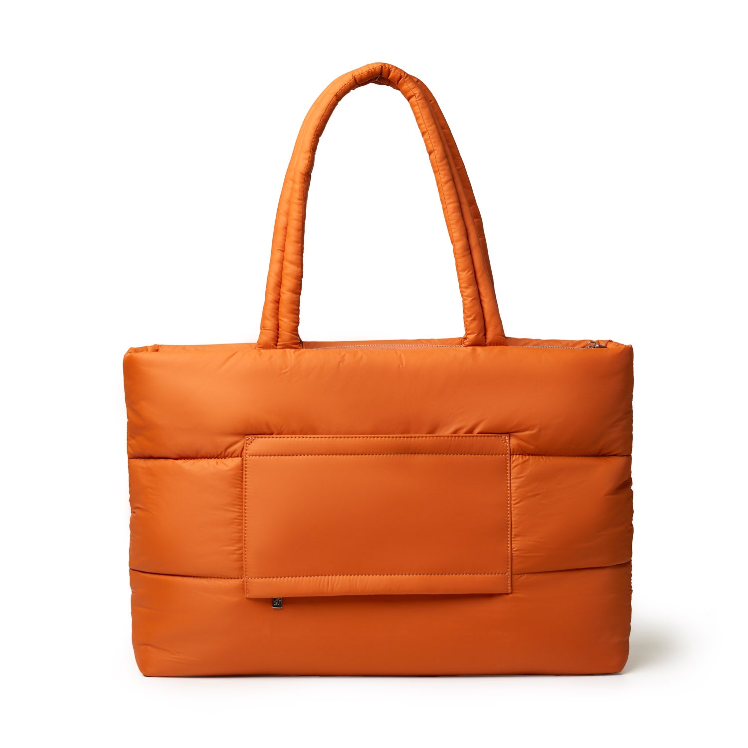 Brown athletic nylon tote bag with padded design and dual handles, featuring a front pocket for added convenience.