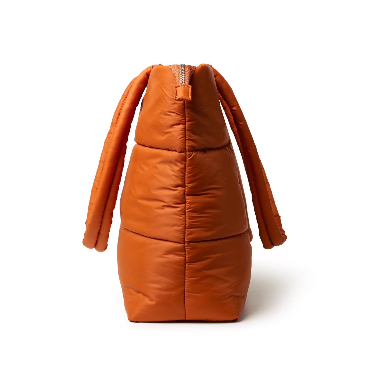 Brown athletic nylon tote with a structured design and a zippered top, featuring a smooth, padded exterior.