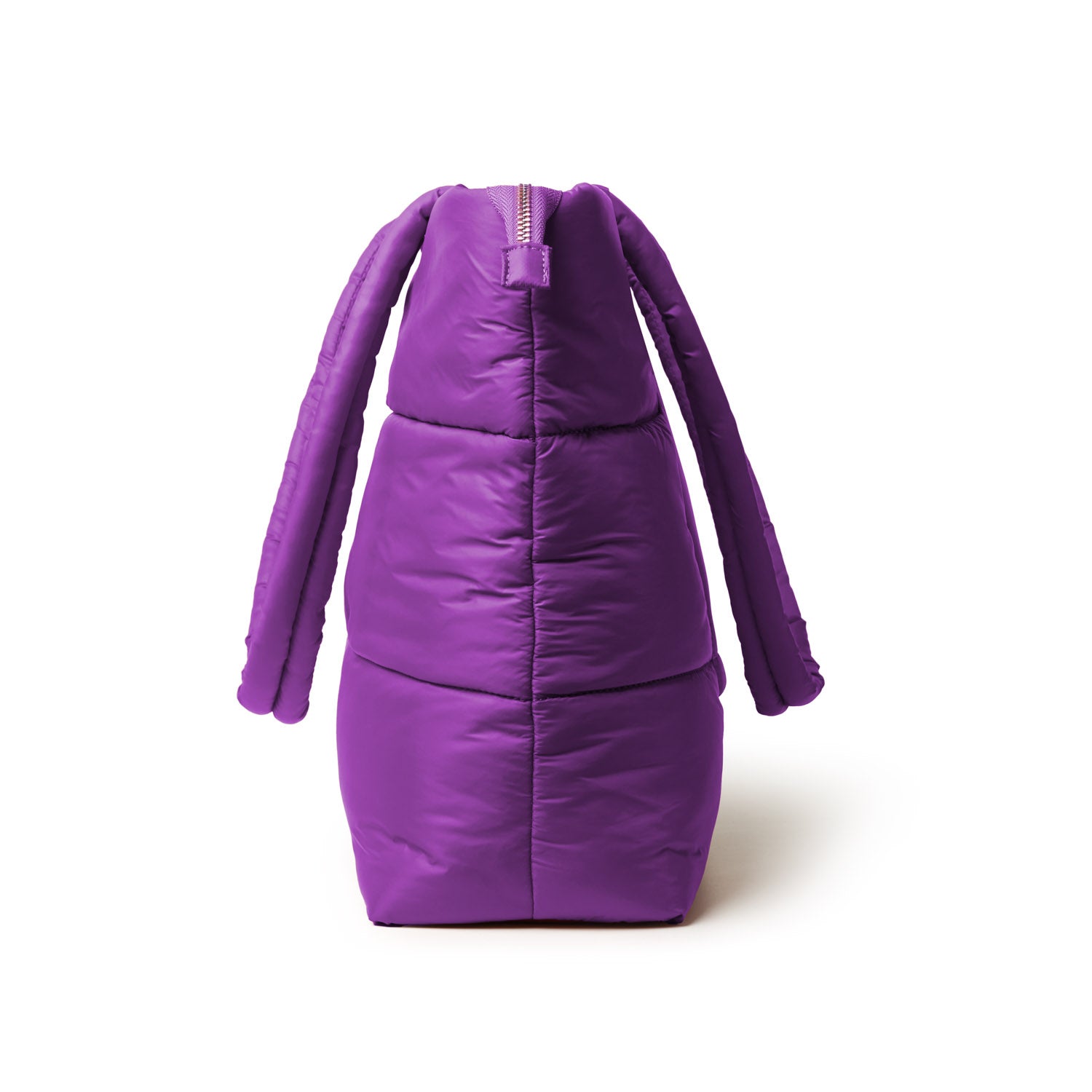 Purple athletic nylon tote with a unique, rounded shape and elongated handles, designed for style and functionality.