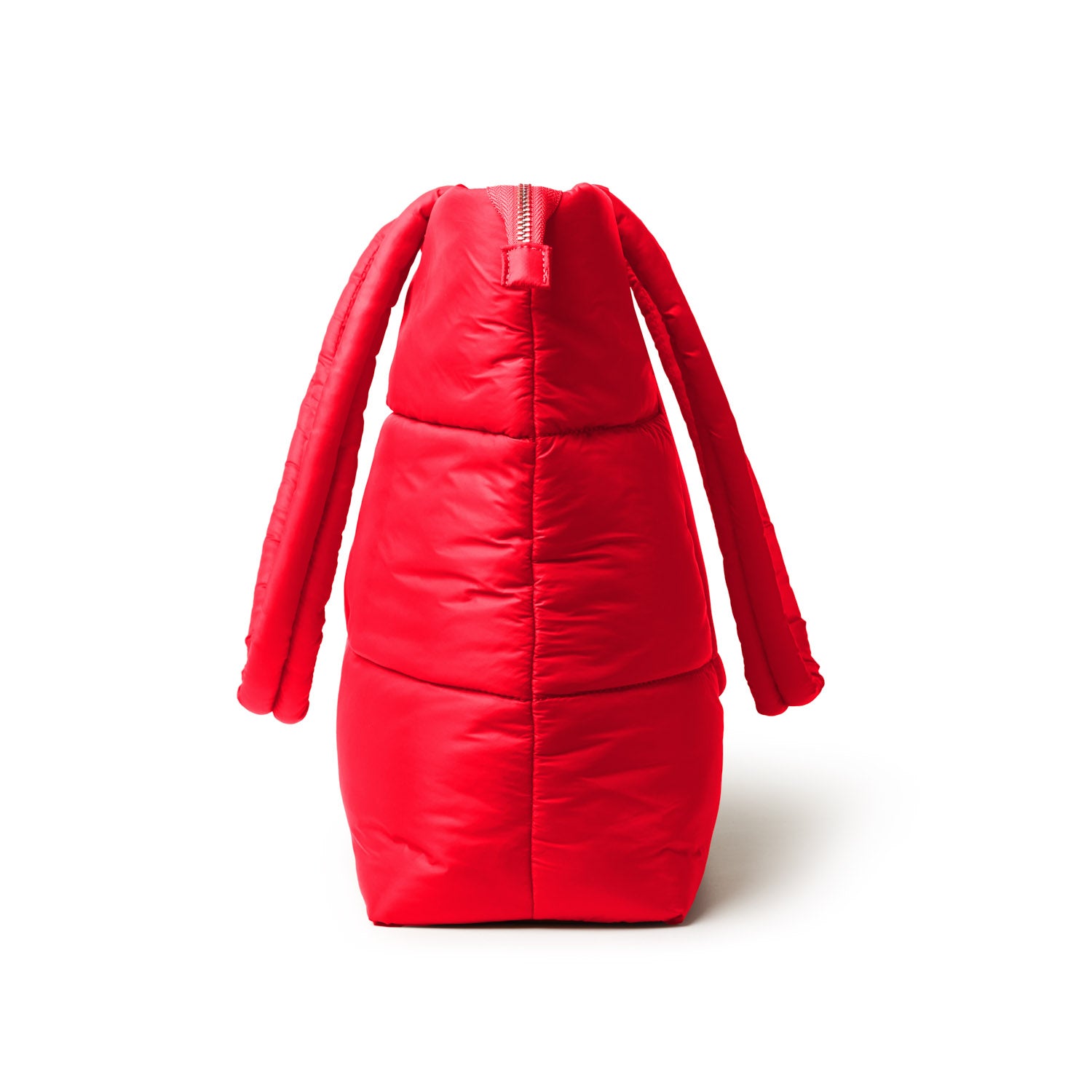 Red athletic nylon tote with a unique, rounded shape and padded design, featuring a zippered top closure.