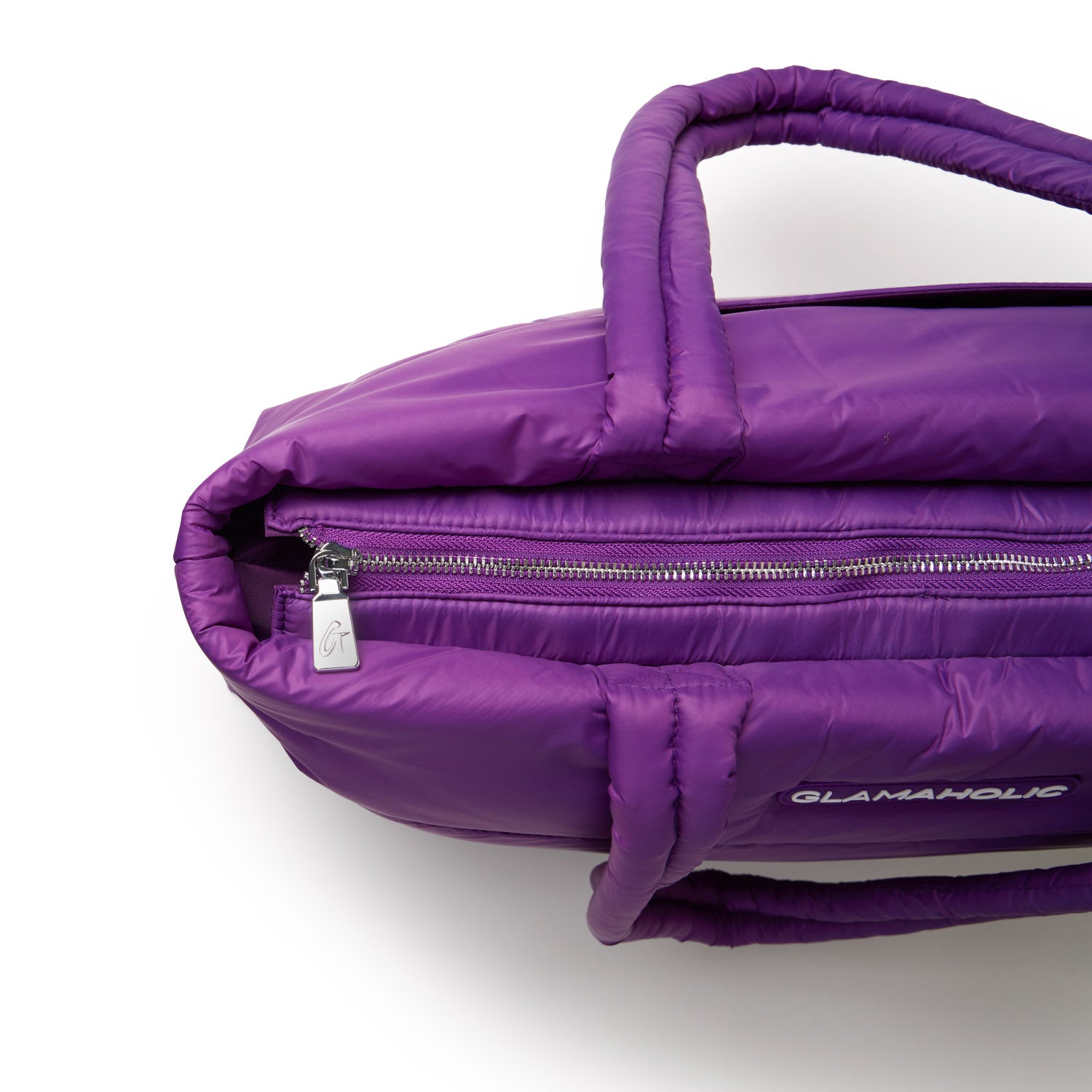 Purple athletic nylon tote featuring a zippered compartment and sturdy handles for versatile use.