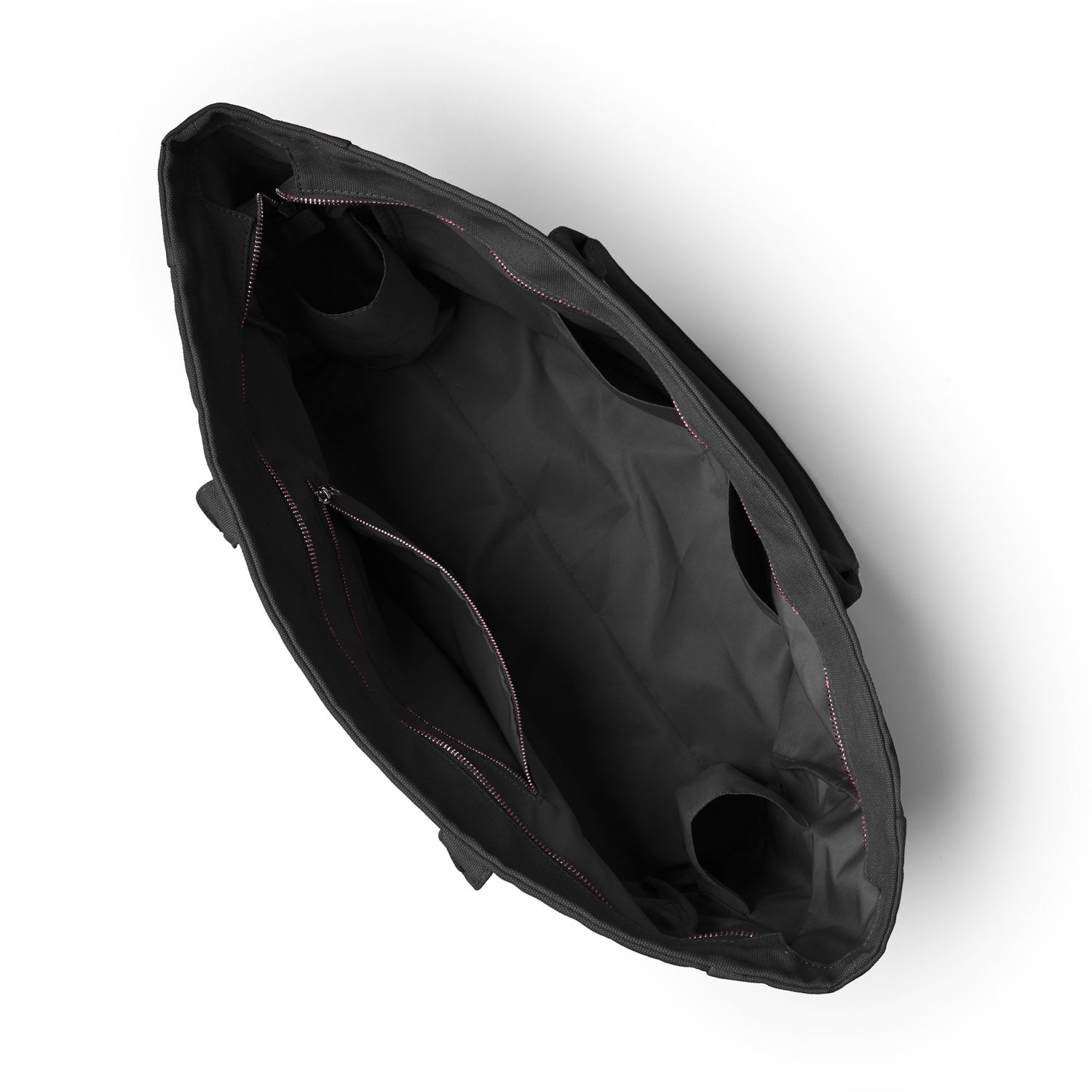 Black athletic canvas tote bag viewed from above, showcasing spacious interior with pockets and sturdy handles.